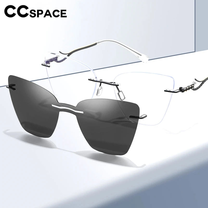CCspace Women's Rimless Cat Eye Alloy Eyeglasses Clip-On Sunglasses - Lightweight UV Protection for Driving, Reading & Outdoor Activities