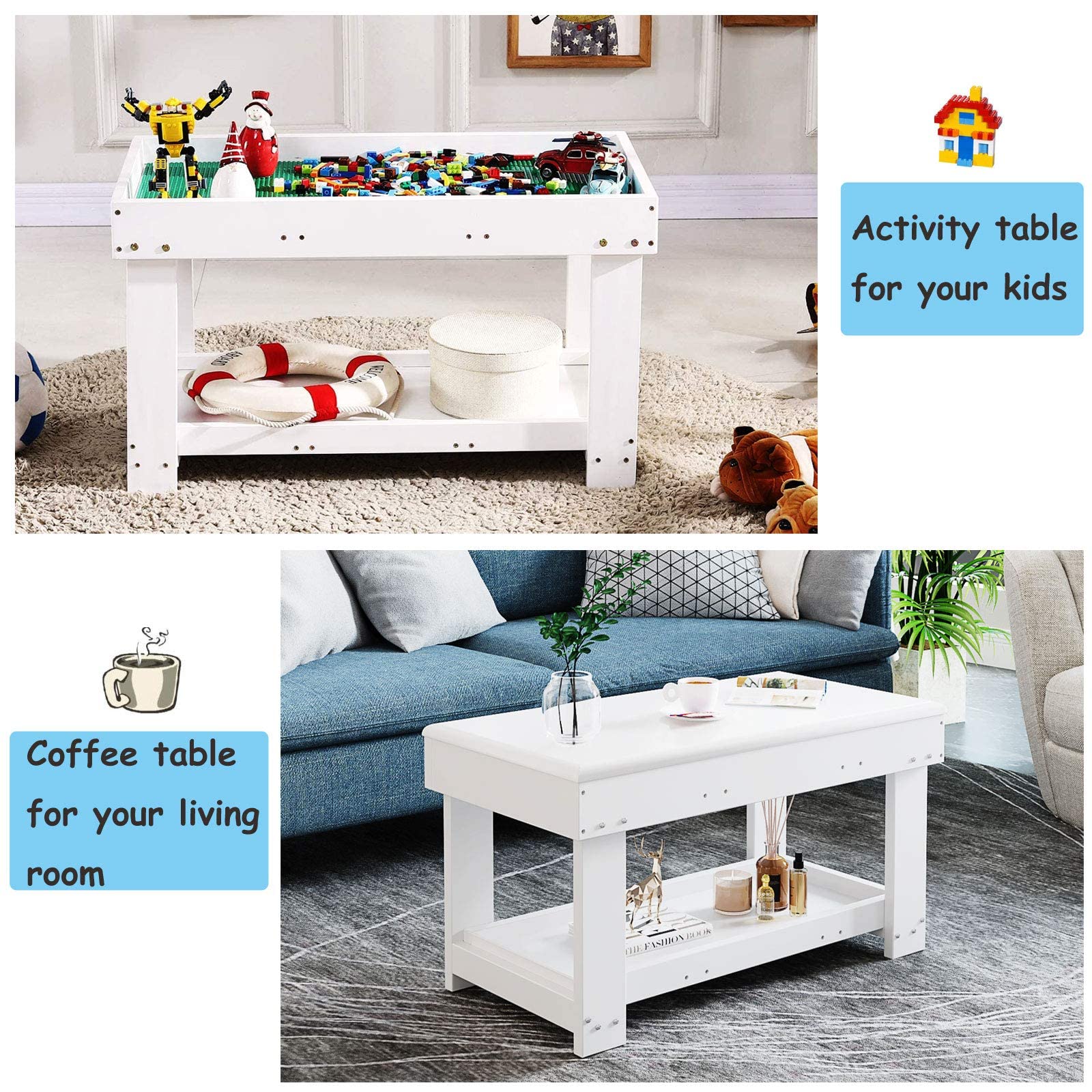 YouHi Kids Activity Table with Board & Storage - White Double Table for Bricks, Building Blocks & Creative Play | Perfect for Playrooms, Daycares & Homeschool Learning