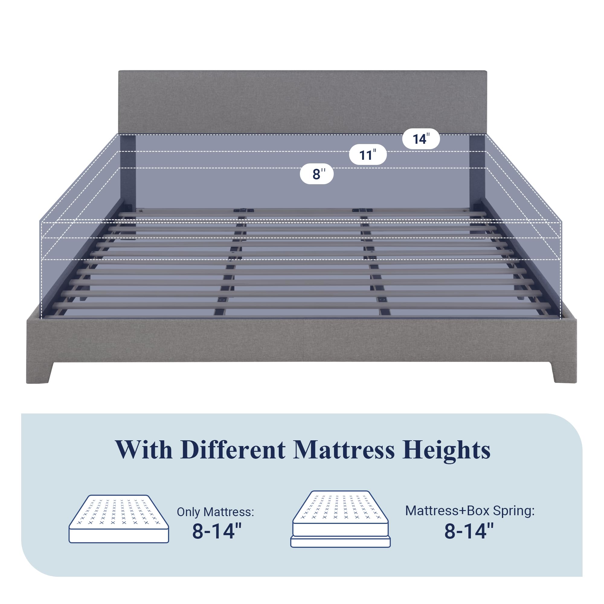 Allewie King Size Platform Bed Frame with Adjustable Upholstered Headboard - Sturdy Wood Slats & Heavy Duty Mattress Foundation - No Box Spring Needed - Quiet & Easy Assembly in Light Grey - Perfect for Master Bedroom, Guest Room or Modern Apartment