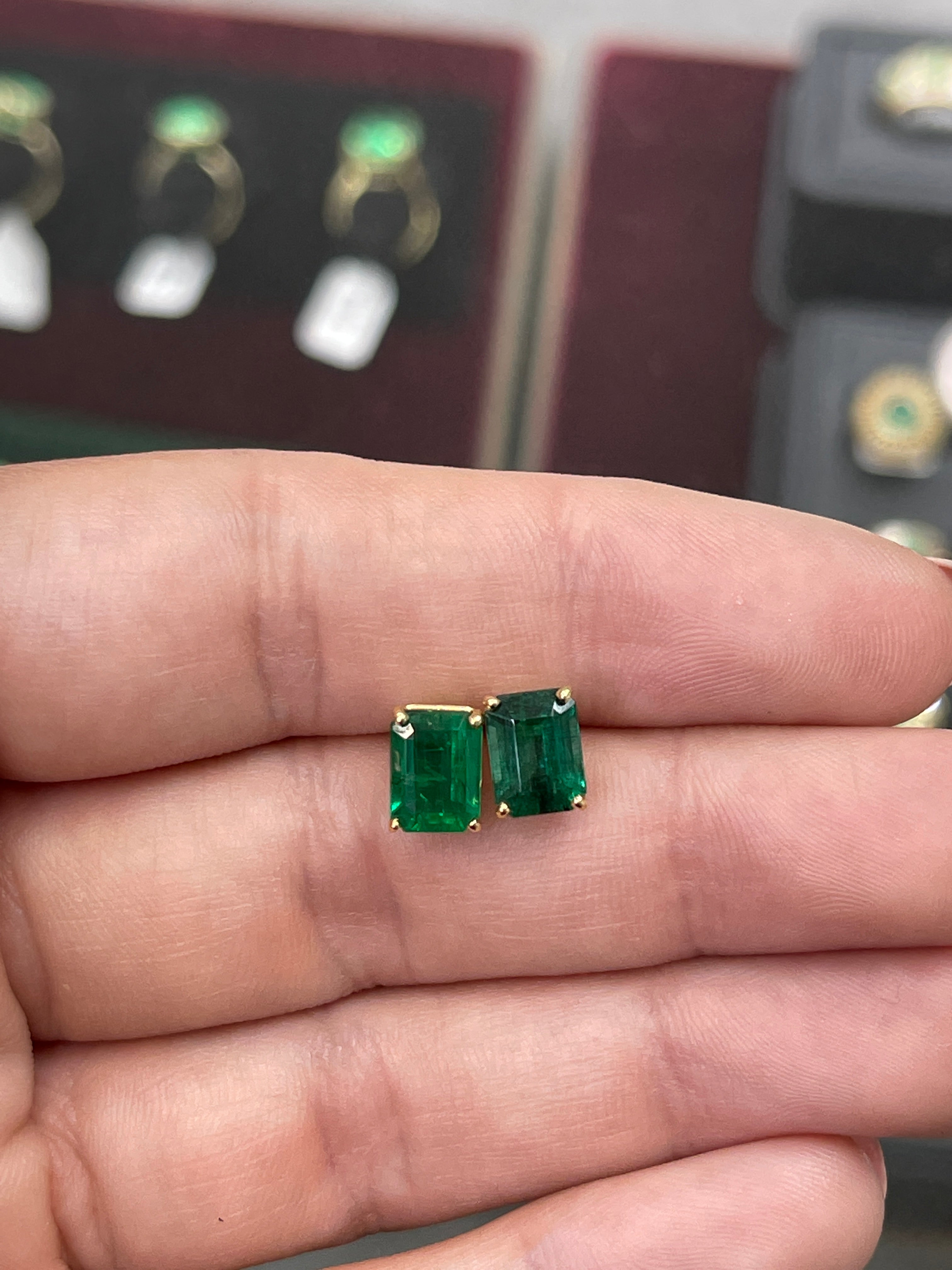 AAA 5.0TCW Vivid Dark Forest Green Emerald Cut Solitaire Stud Earrings in Solid 18K Gold - Perfect for Weddings, Parties & Special Occasions