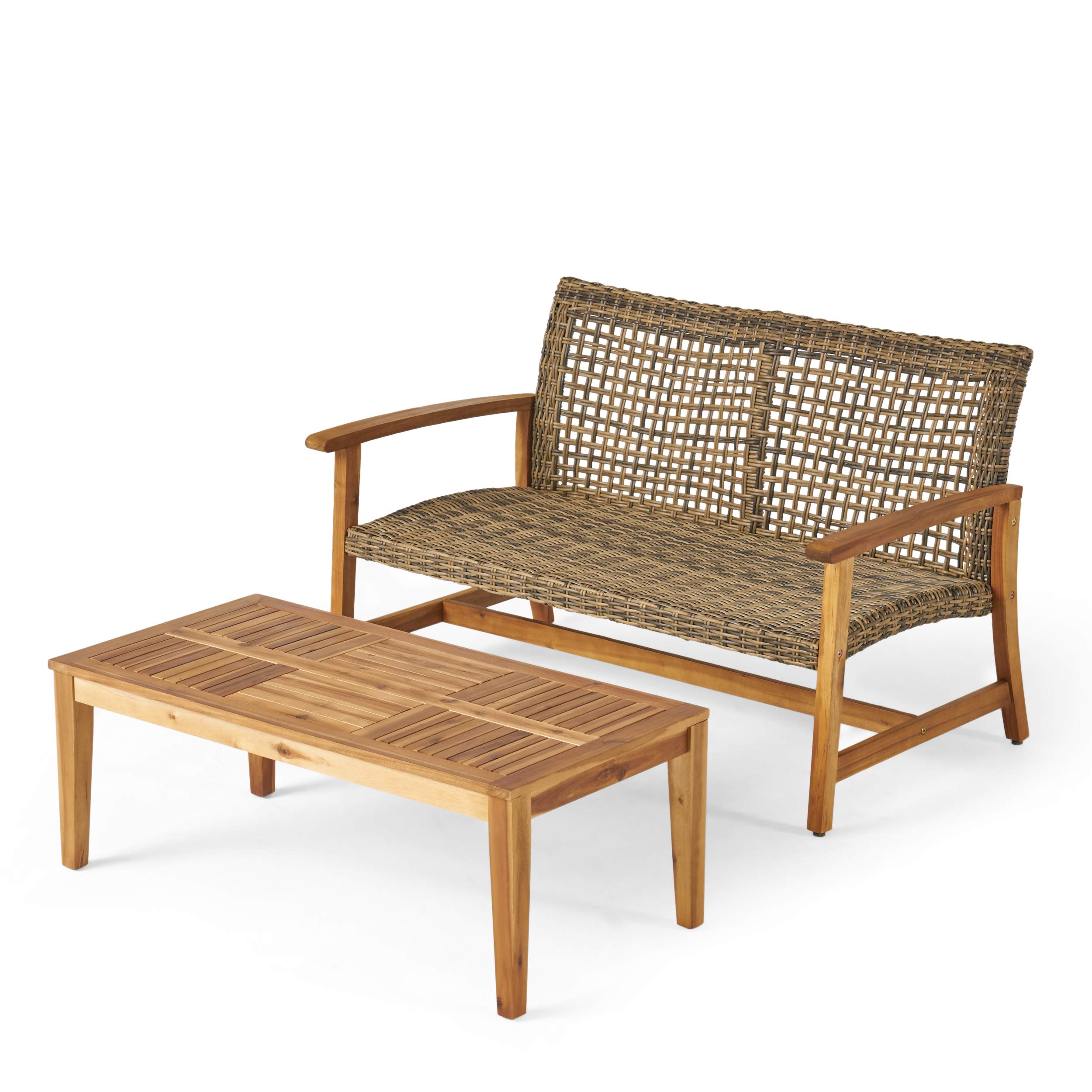 Outdoor Wood Wicker Loveseat & Coffee Table Set - Gray for Patio & Garden