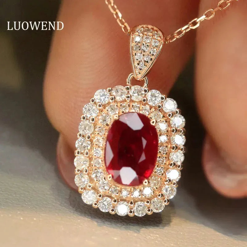 18K Rose Gold Necklace with Real Natural Ruby & Diamond - Elegant Shiny Women's Jewelry for Party, Wedding, Anniversary & Special Occasion Gifts