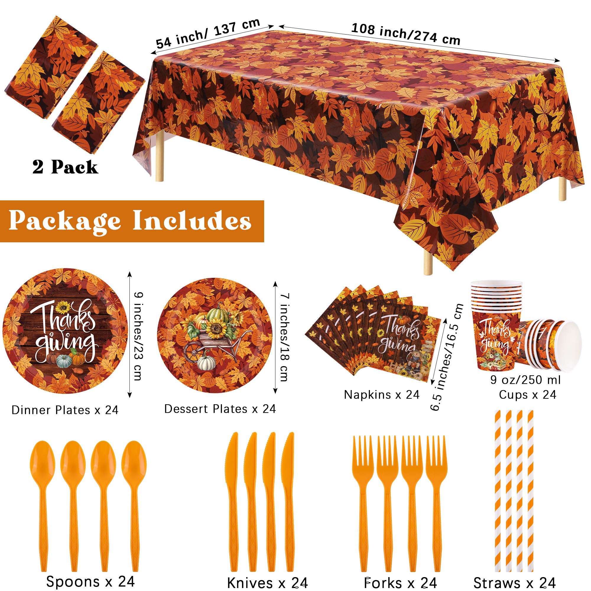 Ruisita 194-Piece Fall Party Dinnerware Set - Thanksgiving Maple Leaves Disposable Plates, Cups, Cutlery, Napkins & Tablecloth - Autumn Harvest Party Supplies for 24 Guests - Perfect for Thanksgiving, Halloween, and Seasonal Gatherings