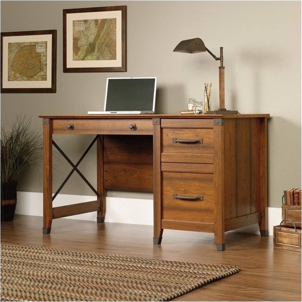 Pemberly Row Rustic Engineered Wood Computer Desk in Washington Cherry - Home Office Desk for Small Spaces, Work from Home & Study