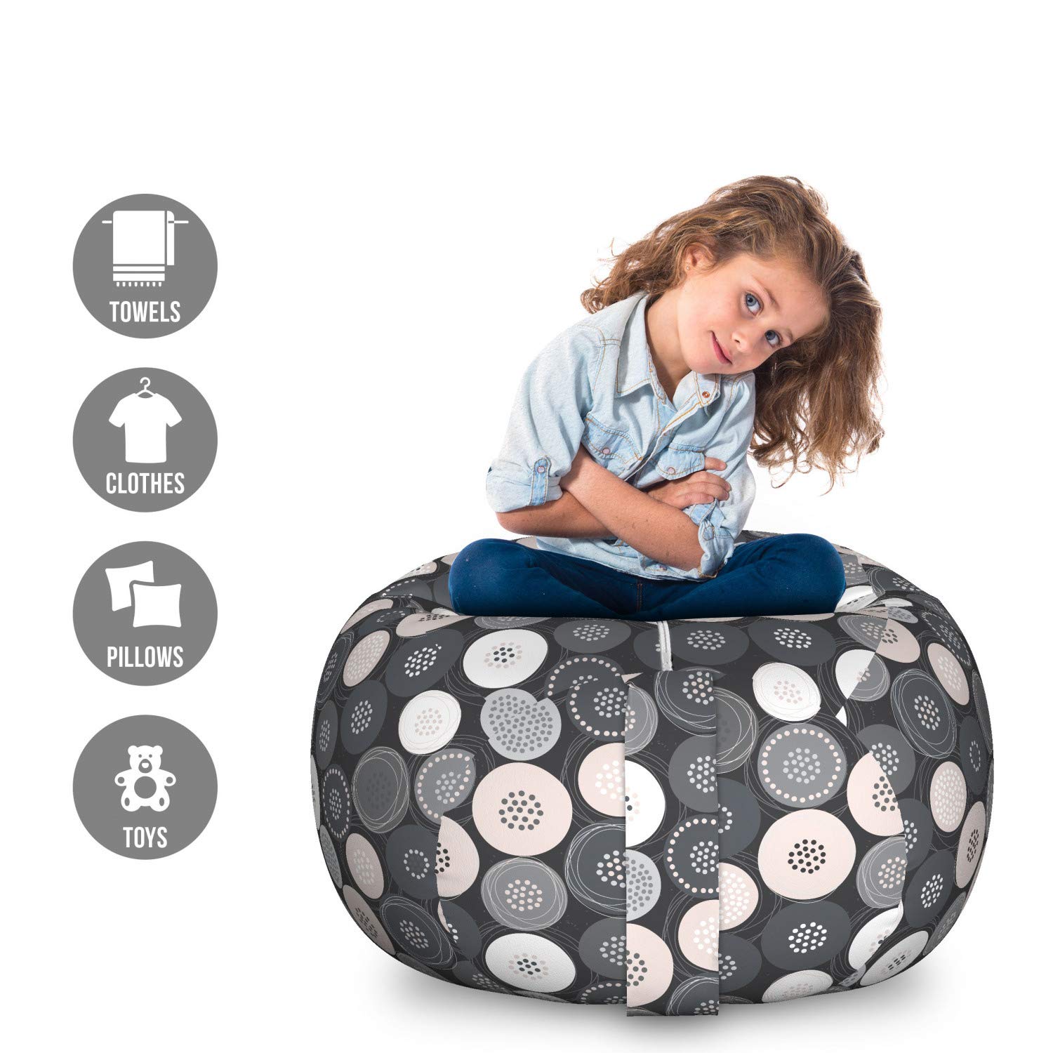 Ambesonne Beige and Grey Washable Storage Toy Bag Chair - Large Round Polka Dot Stuffed Animal Organizer for Kids' Room, Nursery, or Playroom - Dimgray Pale Salmon Design