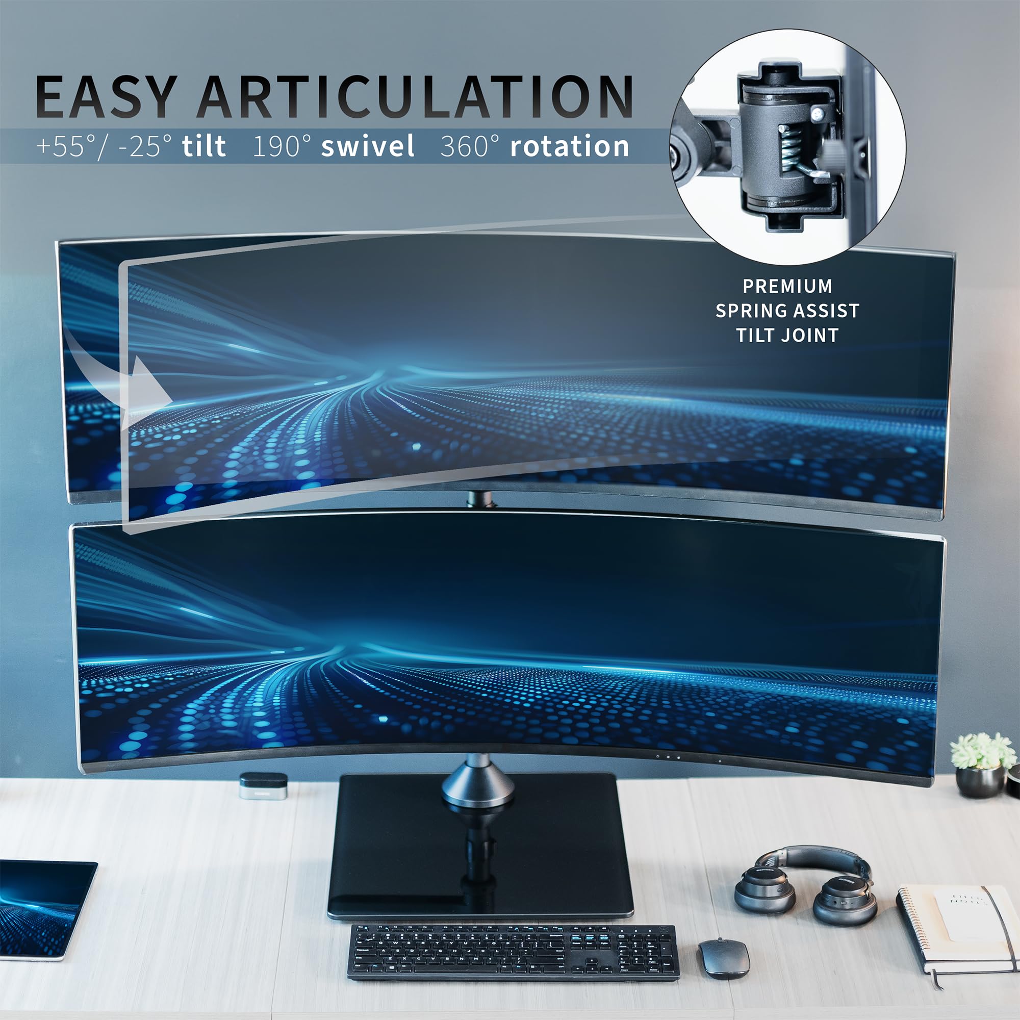 VIVO Dual Monitor Arm Stand for 49 inch Screens - Pneumatic Height Adjustable Ultrawide Monitor Mount with Tempered Glass Base, Holds 2 Monitors Up to 30.8 lbs, Black (STAND-V249FG) - Perfect for Home Office, Gaming Setup, and Workspace Ergonomics
