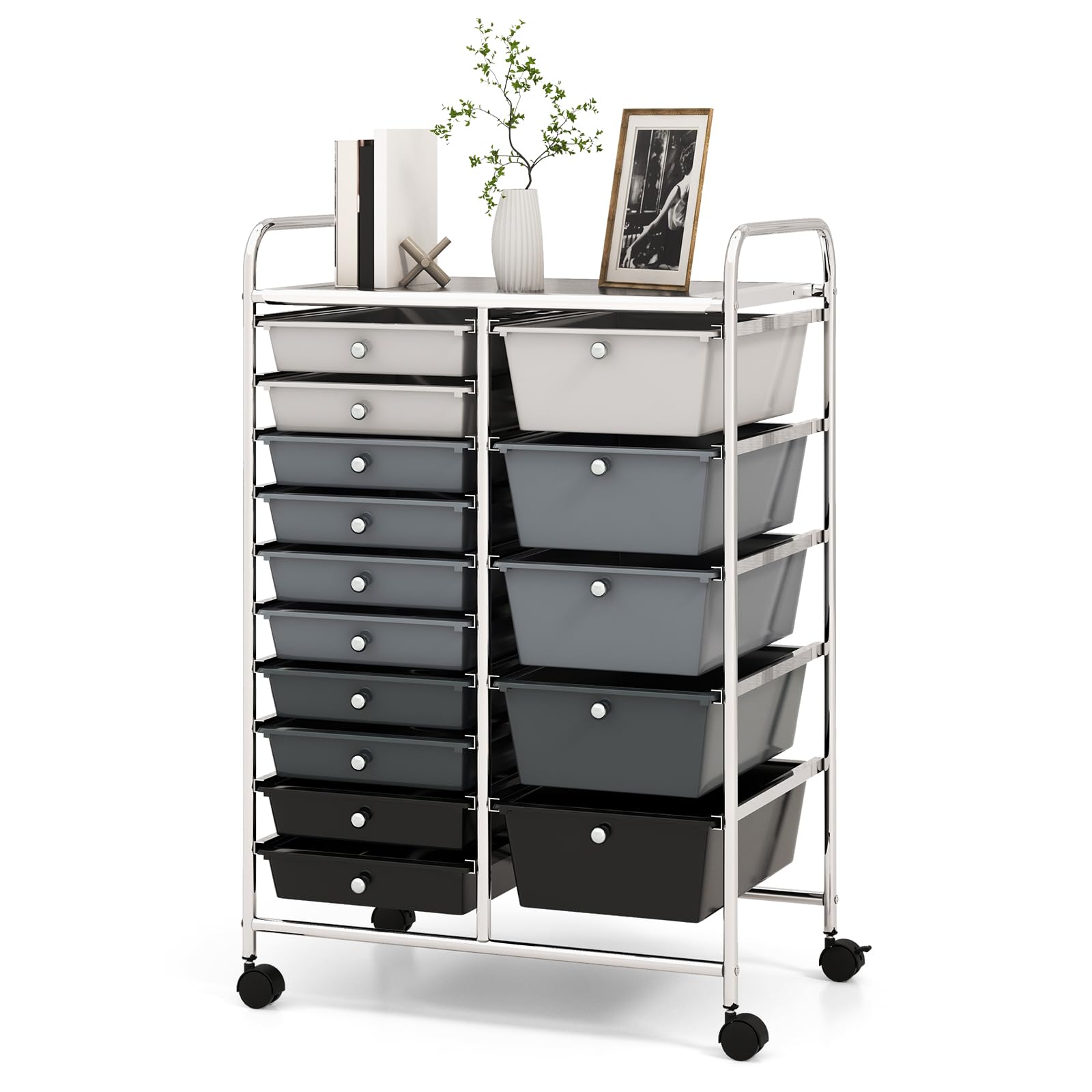 15-Drawer Rolling Storage Cart with Lockable Wheels - 2-Sized Removable Drawers, Mobile Organizer for Art Supplies, Crafts, Files & Scrapbooking - Perfect for School, Home & Office Organization (Mixed-Black)