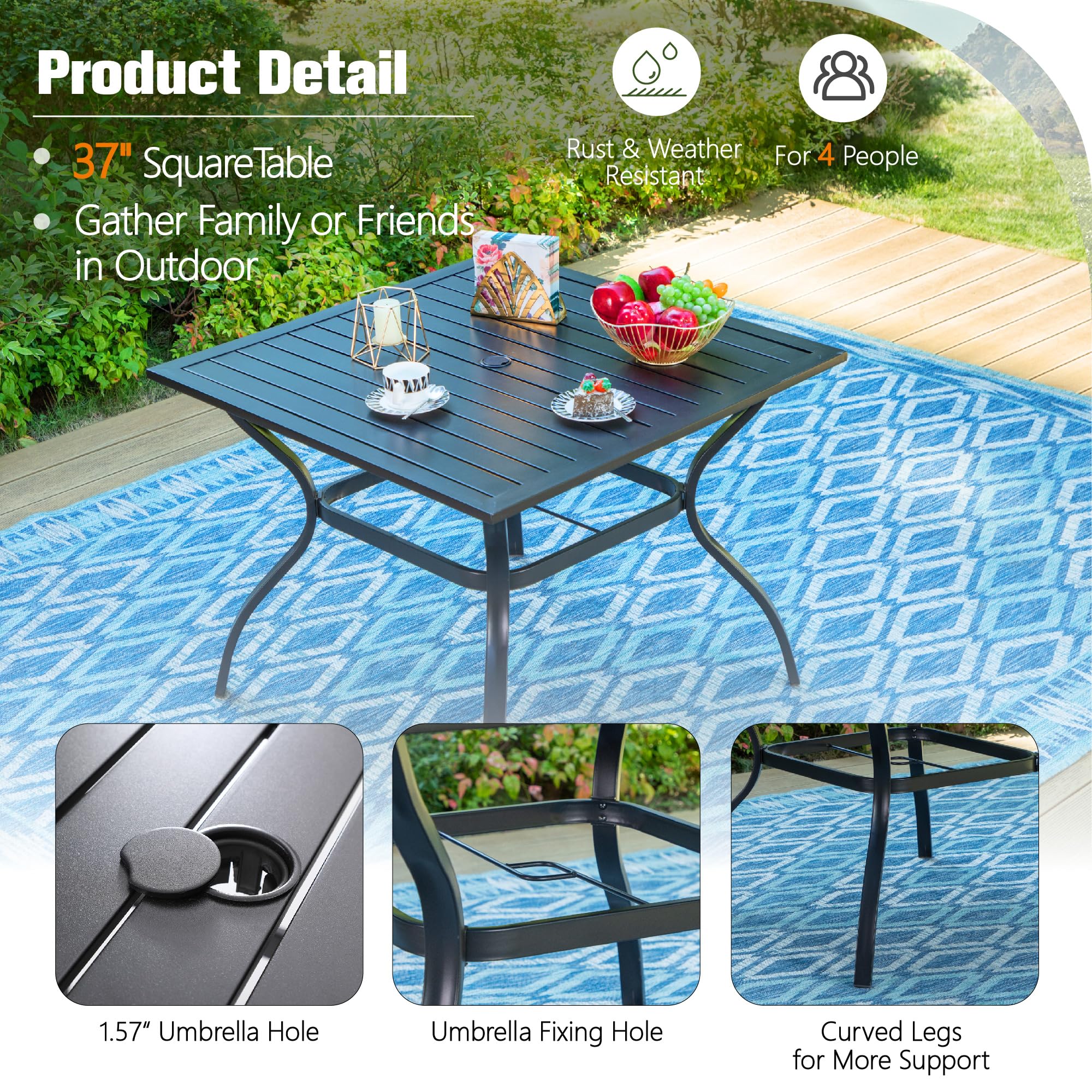 Sophia & William 5-Piece Outdoor Dining Set for 4 - Square Metal Patio Table with Rattan Chairs, Wicker Furniture Set Includes 1.57