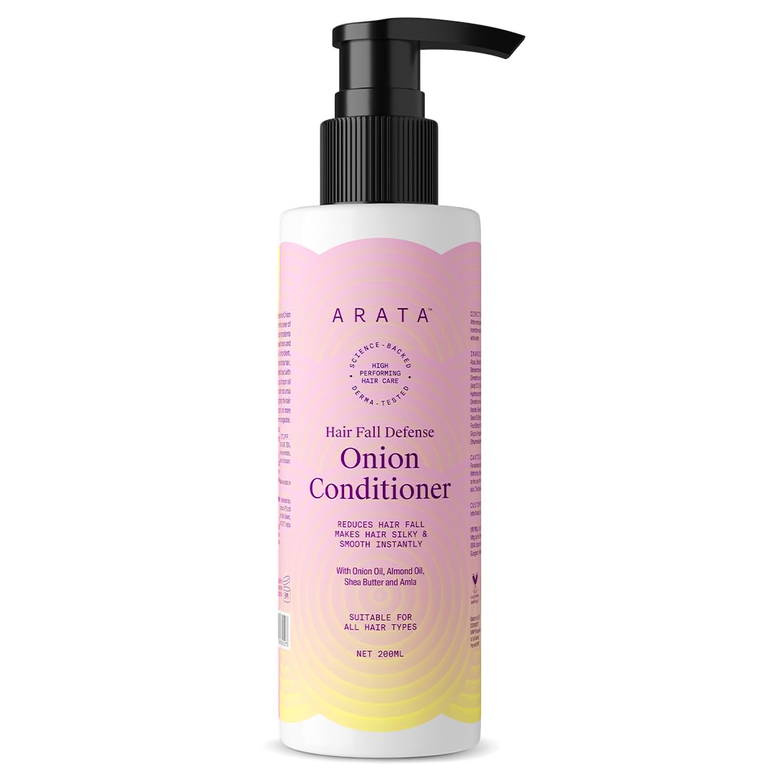 Arata Hair Fall Defense Onion Conditioner 200ml - Strengthens & Smooths Hair Instantly with Onion Oil, Almond Oil, Shea Butter & Amla - 1 Count - Perfect for Daily Hair Care & Damage Repair