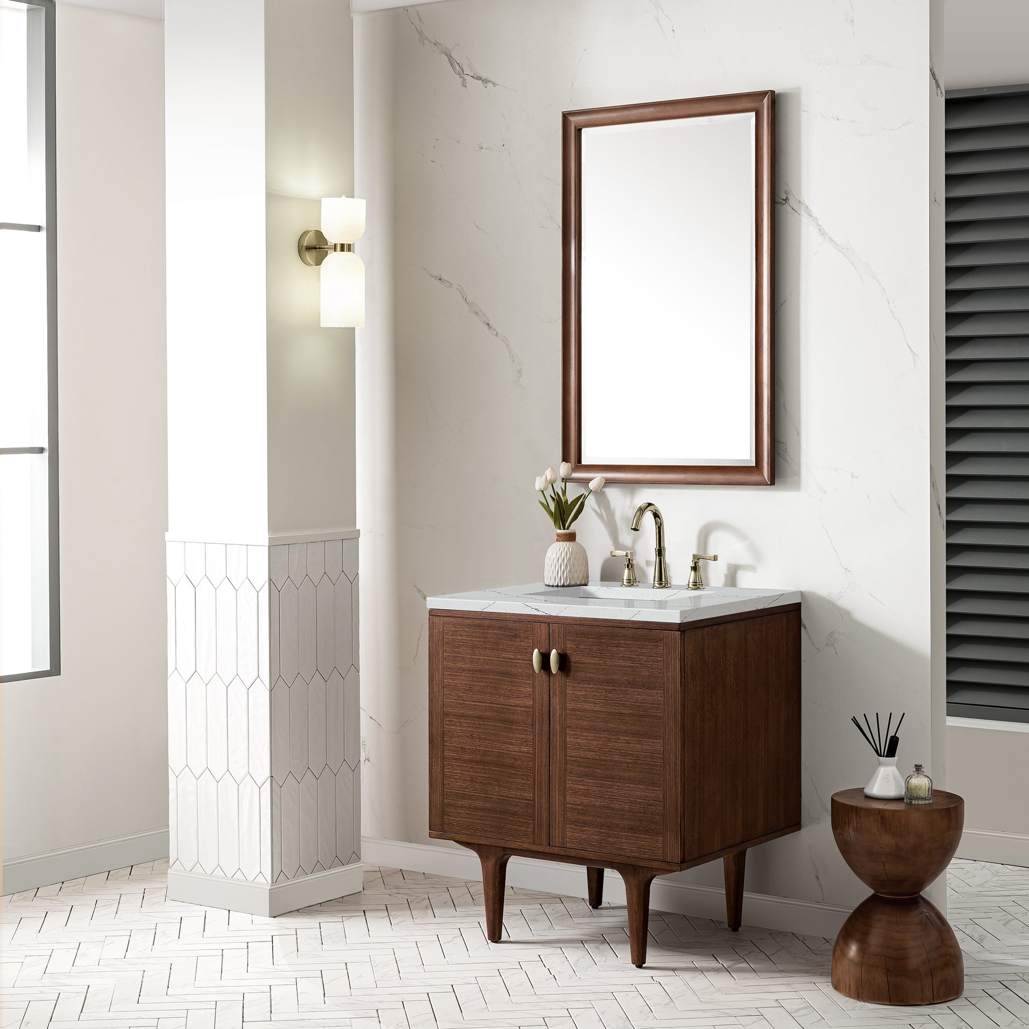 Amberly 30 Inch Single Bathroom Vanity with Mid Century Walnut Finish & 3CM Ethereal Noctis Quartz Top - Perfect for Modern Farmhouse, Scandinavian or Transitional Style Bathrooms