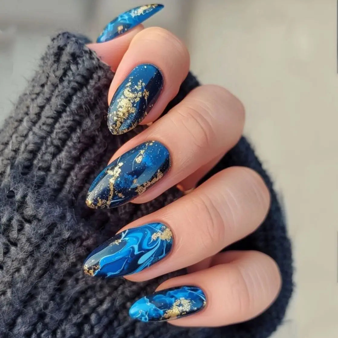 24Pcs Blue Gradient Press-On Nails - Almond Shape Fake Nails with Jelly Glue Kit - DIY Salon Quality False Nails for Women - Perfect for Parties, Weddings & Everyday Wear