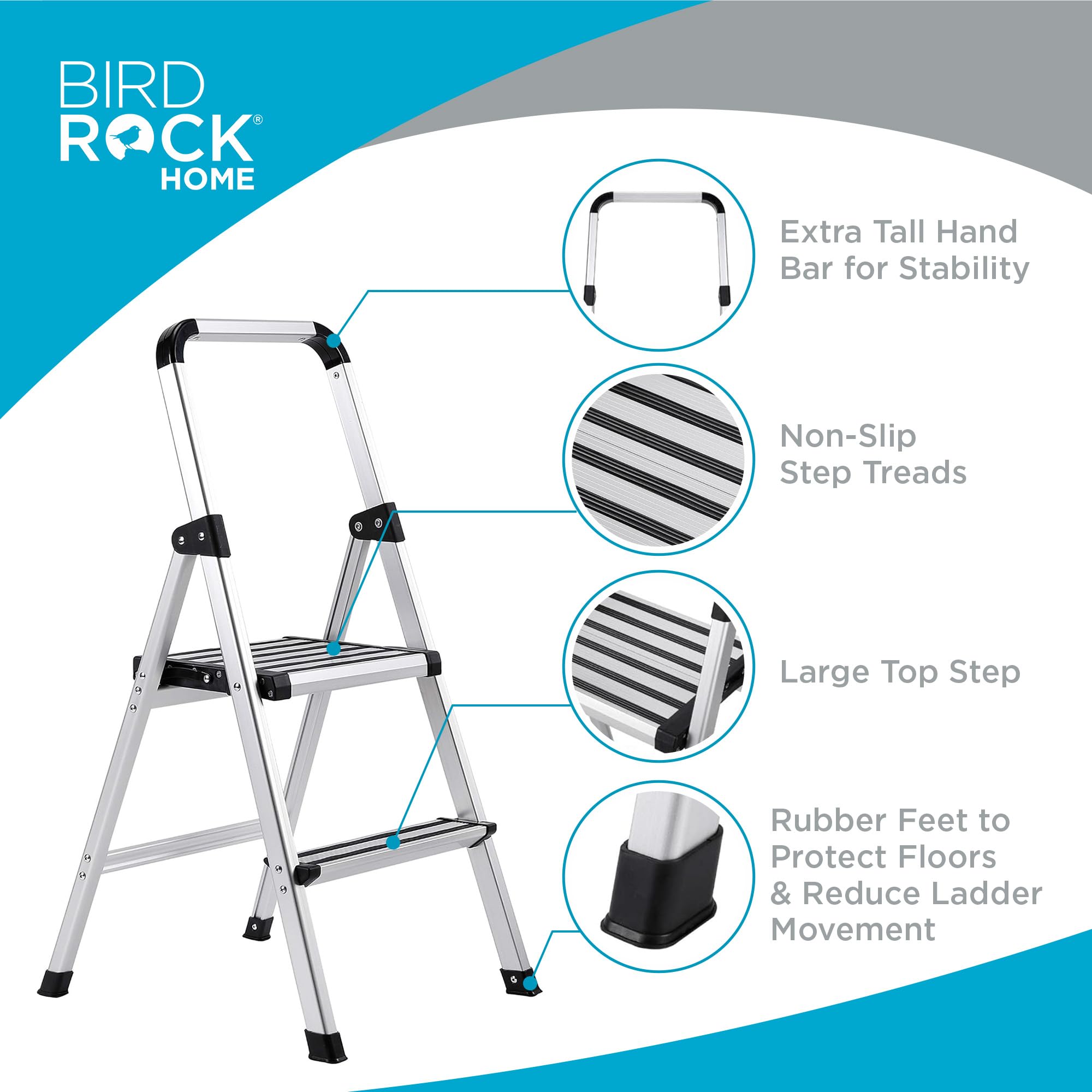 BIRDROCK HOME 2-Step Aluminum Step Ladder - Lightweight Foldable Stepladder with Wide Non-Slip Rubber Feet - Perfect for Kitchen, Pantry, Closet Organization & Home Office - Space Saving Indoor Ladder for Household Cleaning, Shelf Access & Decorating - Silver
