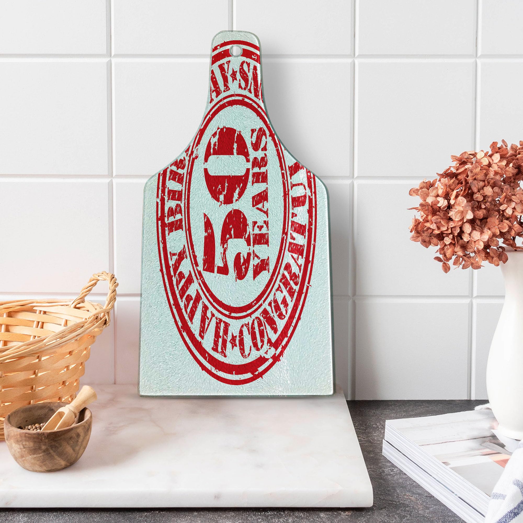 Ambesonne 50th Birthday Cutting Board - Vintage Rubber Stamp Design for 50 Years Celebration - Durable Tempered Glass Serving Board in Wine Bottle Shape (Vermilion/White) - Perfect for Anniversary Gifts, Party Decor & Kitchen Display