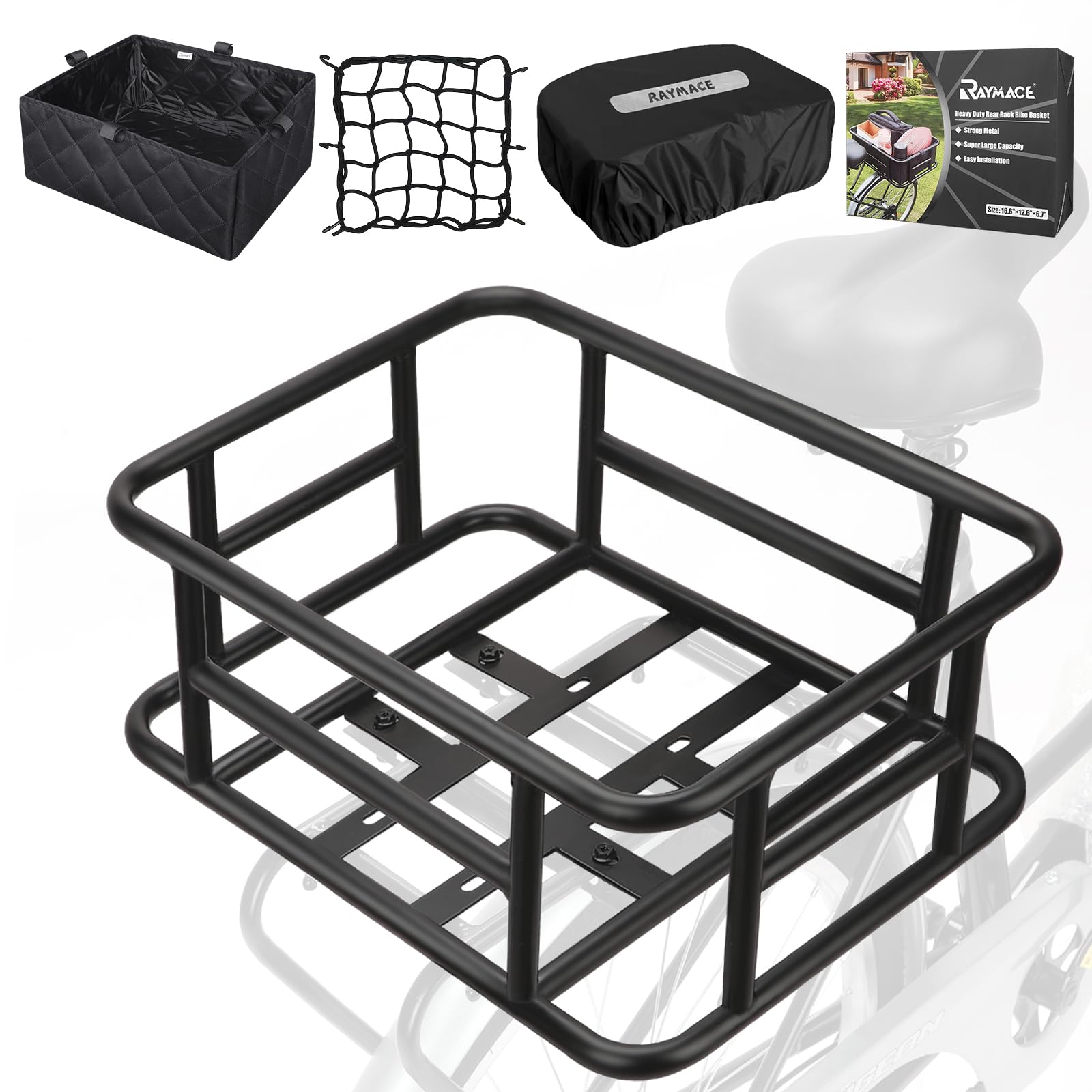 RAYMACE Large Rear Bike Basket with Cargo Net & Liner - Heavy Duty Bicycle Rack for Electric Bikes - Perfect for Commuting, Grocery Shopping & Outdoor Adventures