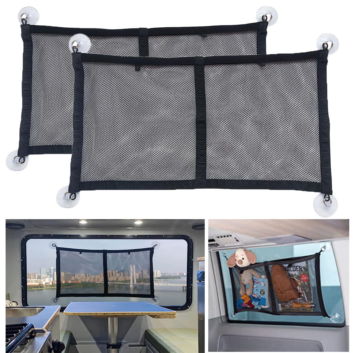 Universal Car Storage Pocket Net - 2 Pack Large Nylon Mesh Organizer with Suction Cups for Bottles, Groceries, Toys | Perfect for Road Trips, Family Travel & Daily Commute