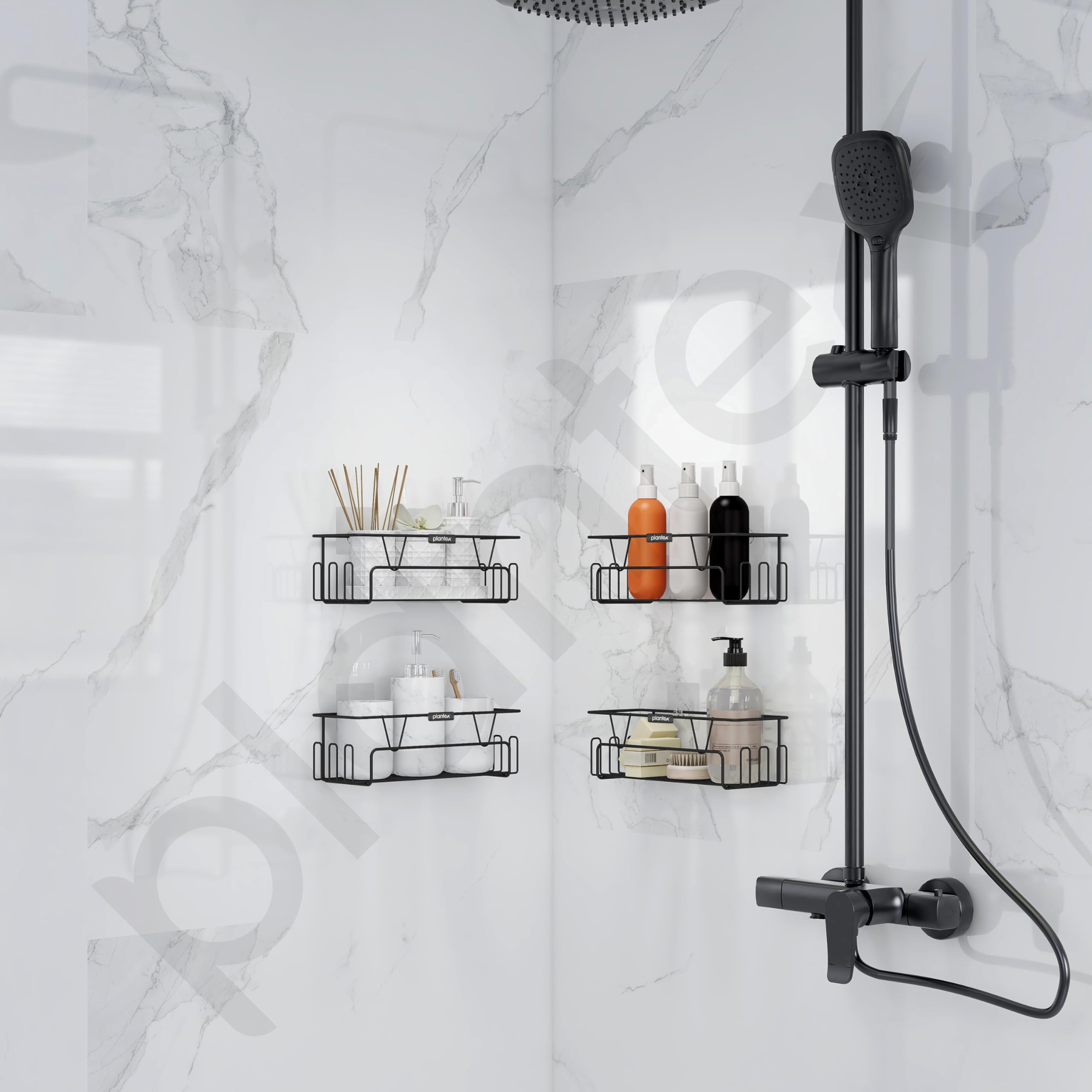 Plantex GI Steel Bathroom Shelf with Self-Adhesive Mounting, No Drilling Needed - Includes Side Hooks & Magic Stickers, Powder Coated Black (4-Pack) - Perfect for Small Bathrooms, Showers & Apartments