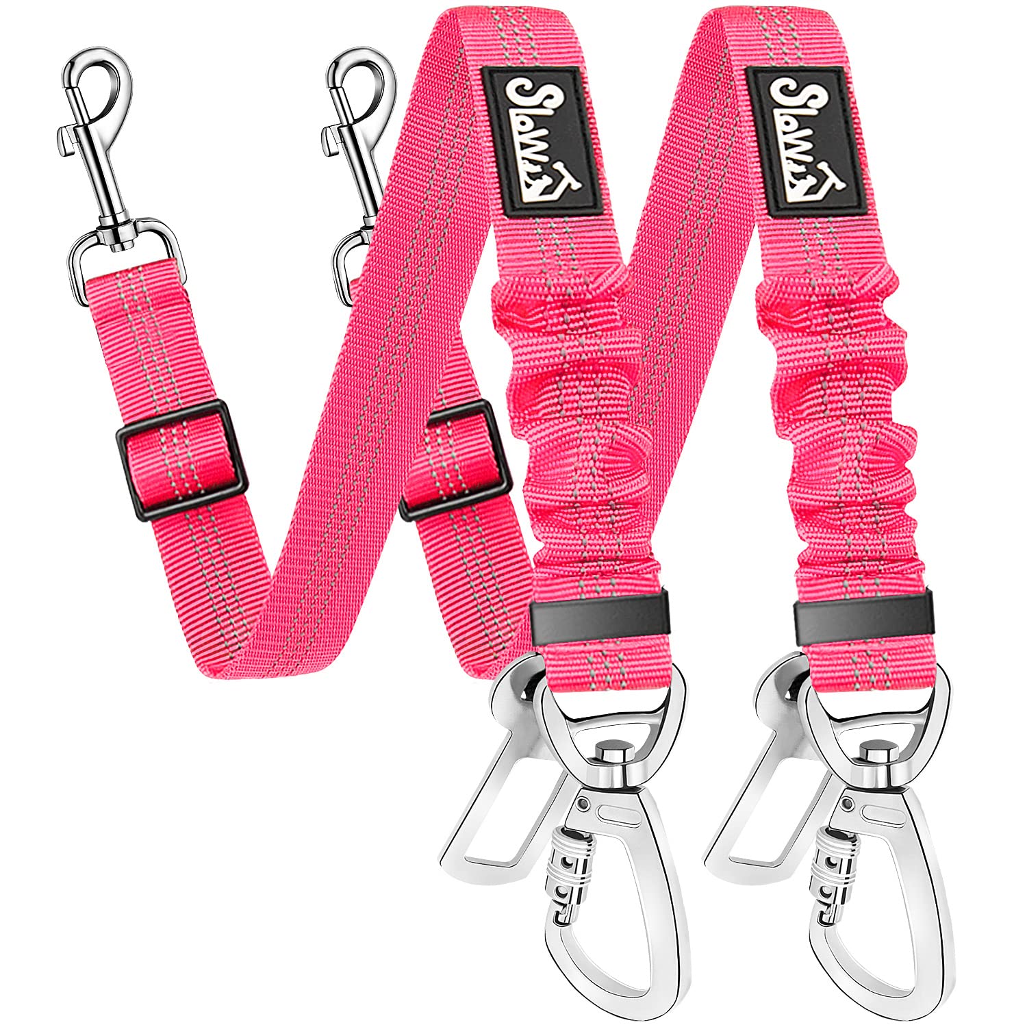 SlowTon 2 Pack Adjustable Dog Seat Belt - Heavy Duty Nylon Reflective Pet Safety Tether with Elastic Bungee Buffer - Connects to Dog Harness for Car Travel, Road Trips & Daily Vehicle Use - Perfect for Small, Medium & Large Dogs