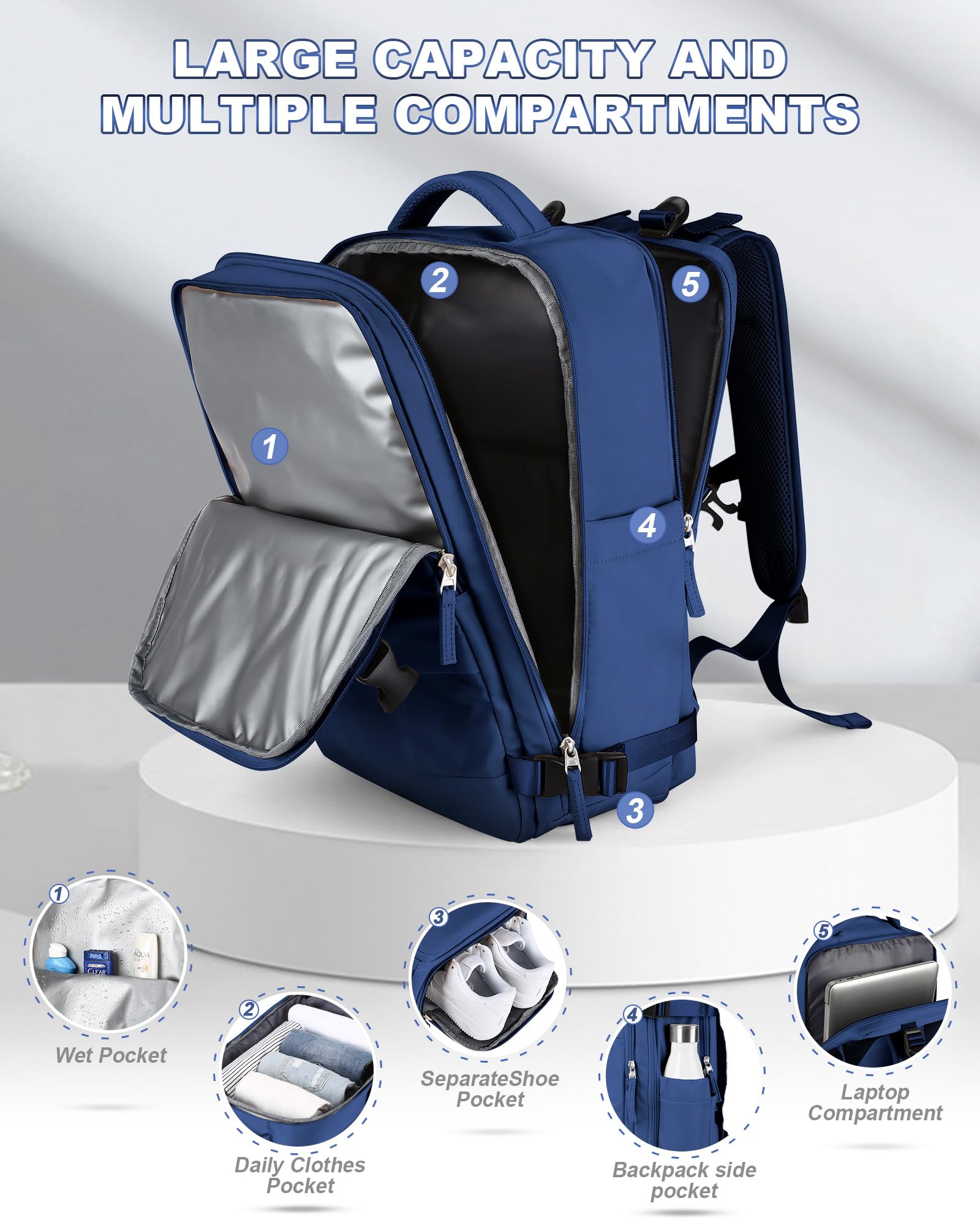 Men's Travel Backpack - Airplane Carry On Backpack for Women & Men, Lightweight Durable Traveling Backpack with USB Charging Port - Perfect for Business Trips, Hiking & Airplane Travel (Navy Blue)
