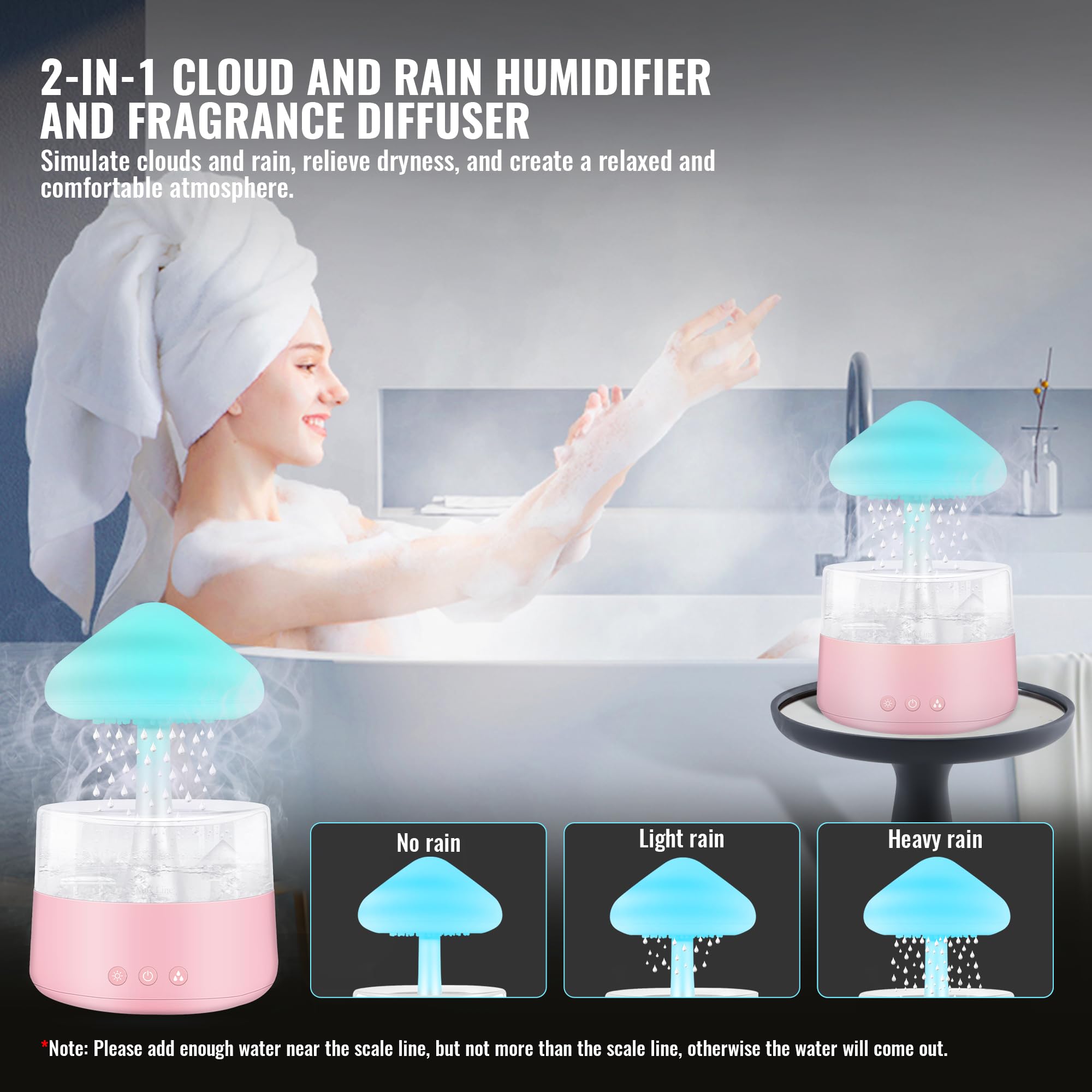 Rain Cloud Humidifier with Essential Oils - 7 Color Changing Night Light, Mushroom Shape Cool Mist Diffuser for Bedroom & Office - Pink Water Drop Sound Humidifier for Relaxation, Baby Nursery & Yoga Room