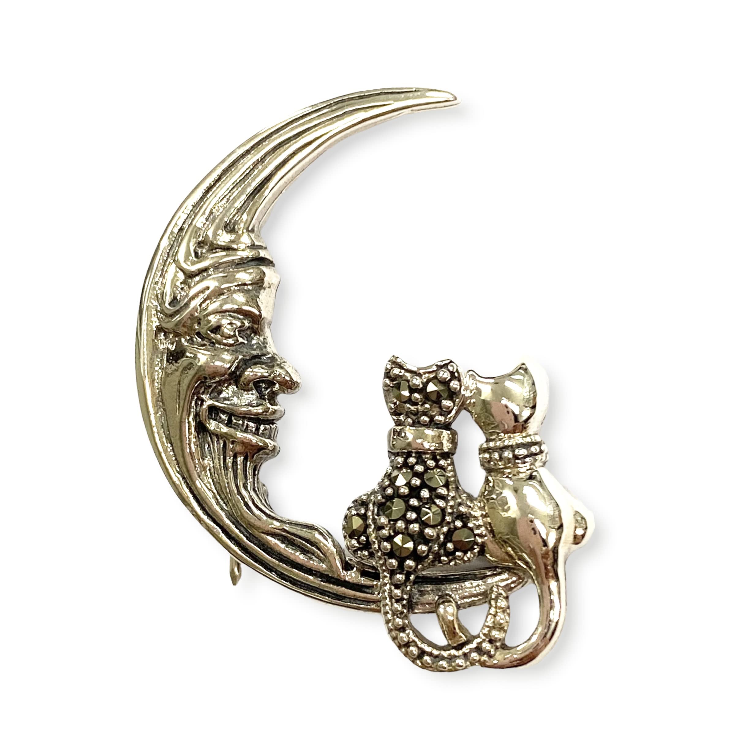 Vintage Style Cat & Kitten Moon Brooch Pendant with Marcasite Stones - 925 Sterling Silver Jewelry - Perfect for Gift Giving, Special Occasions & Everyday Wear