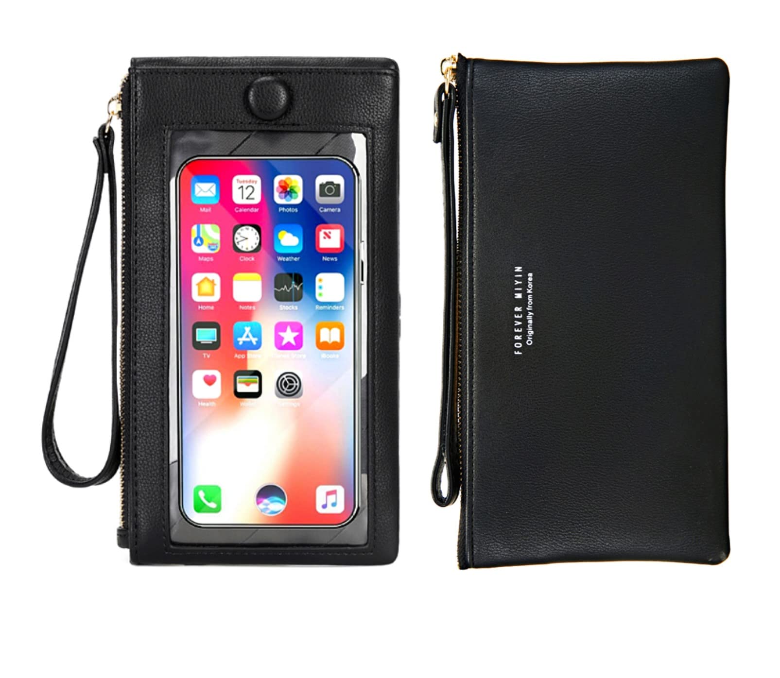Women's Faux Leather Long Wallet Wristlet Handbag with Touch Screen Clear Phone Window - RFID Blocking, Multi Card Slots & Zipper Pocket - Perfect for Travel, Shopping & Everyday Use (Black)
