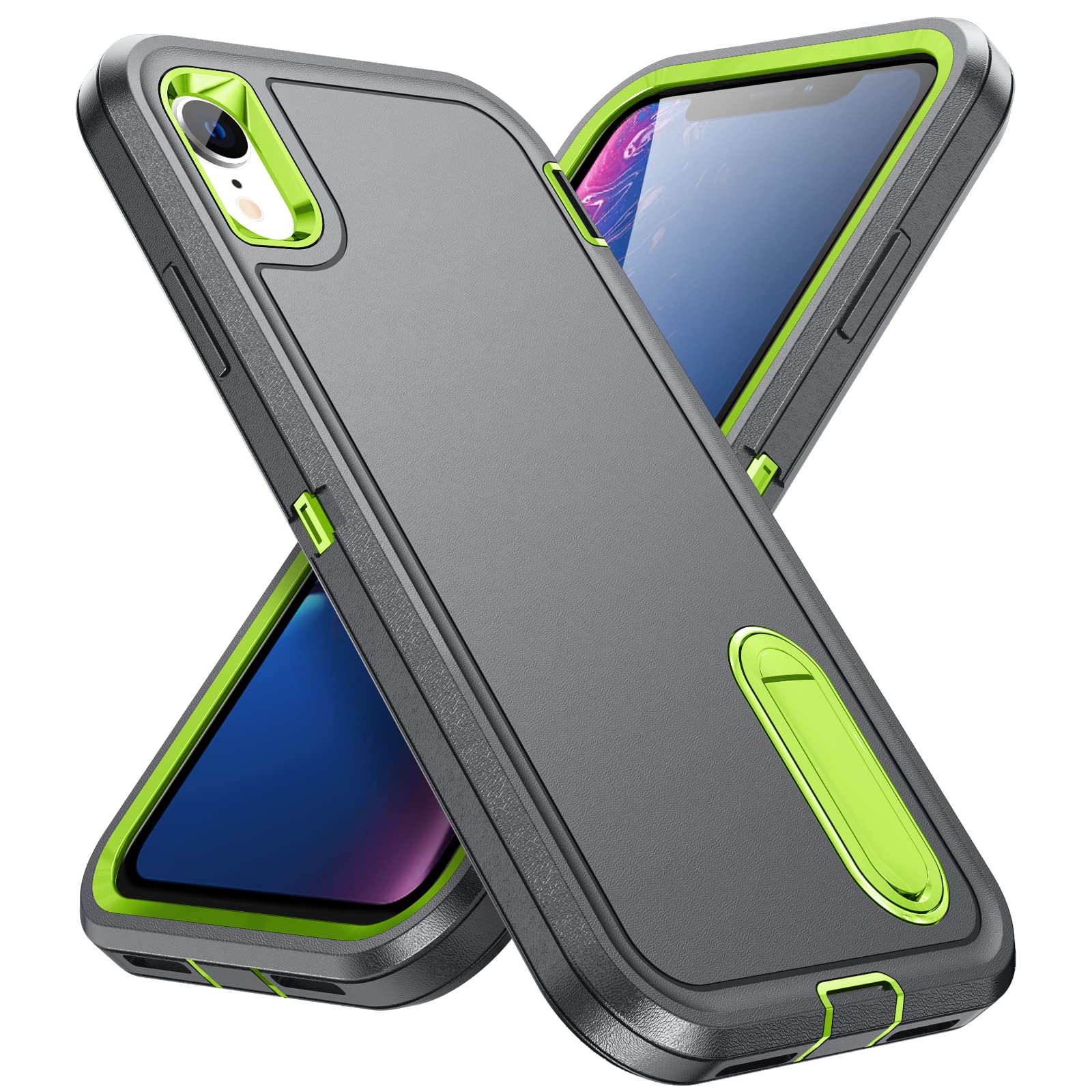 AFARER iPhone Xr Case with Kickstand - Military Grade Shockproof, 3-Layer Heavy Duty Drop Proof & Dustproof Protective Cover for iPhone Xr (Grey Green) - Perfect for Outdoor Activities, Travel & Daily Use