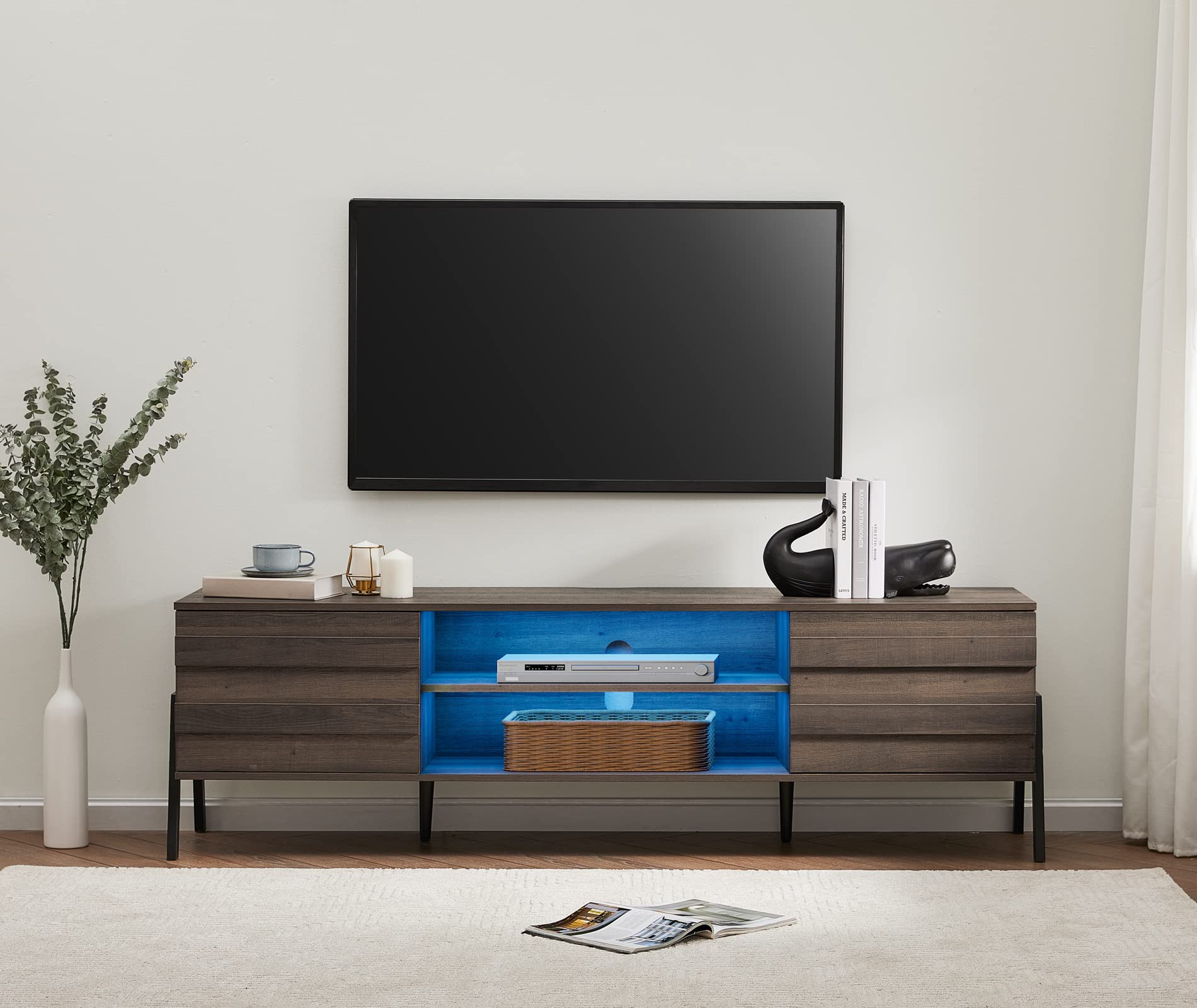 Mid-Century Modern TV Stand for 80 inch Flat Screen, Wooden TV Console with 6 Storage Shelves - Entertainment Center for Living Room & Bedroom (70 inch, Brown) | Perfect for Home Theater Setup & Stylish Media Storage