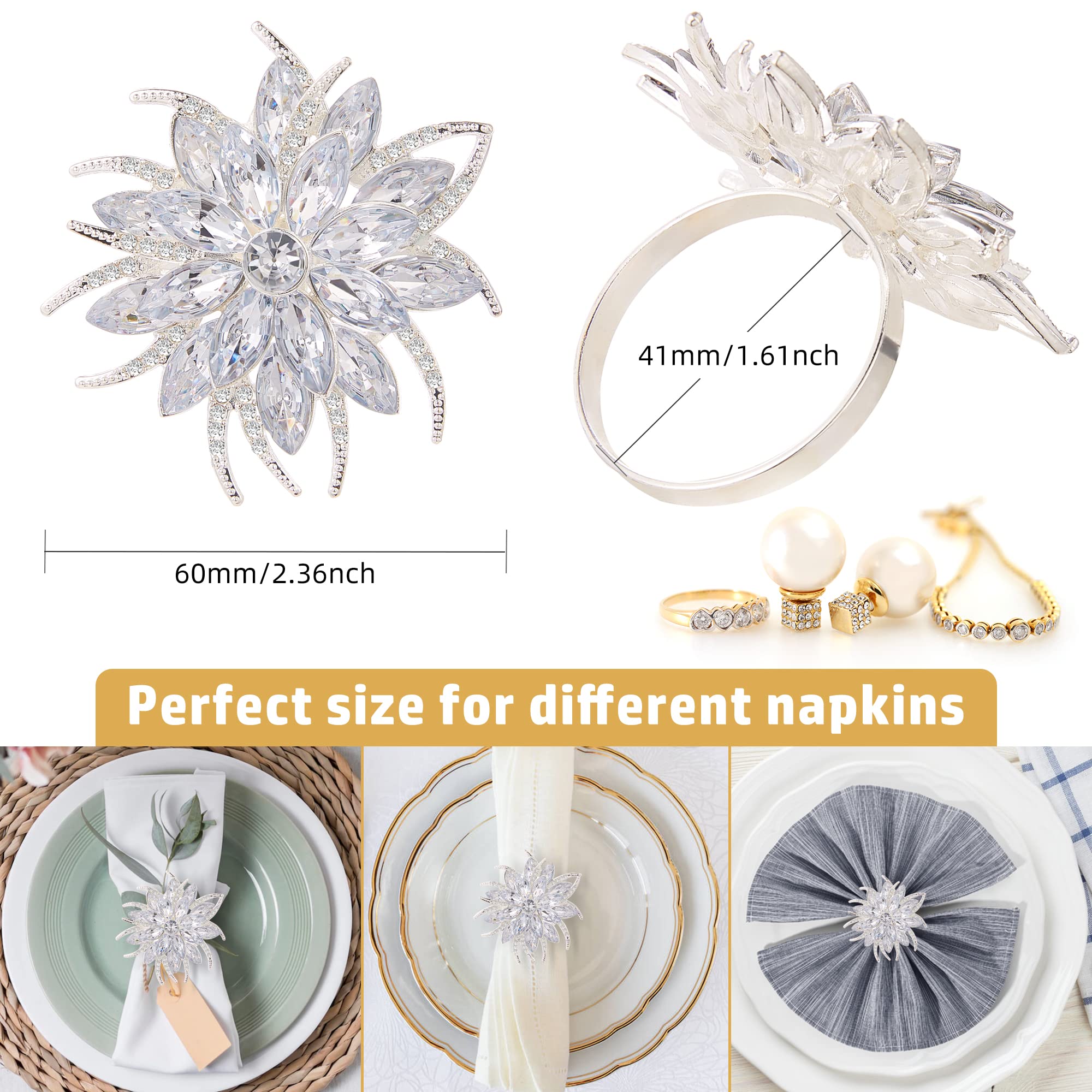 ZeeDix 12-Pack Silver Lotus Flower Napkin Rings with Rhinestones - Elegant Tableware for Wedding, Birthday, Christmas Party Decorations - Perfect for Holiday Dining, Home Kitchen & Formal Dinner Table Settings