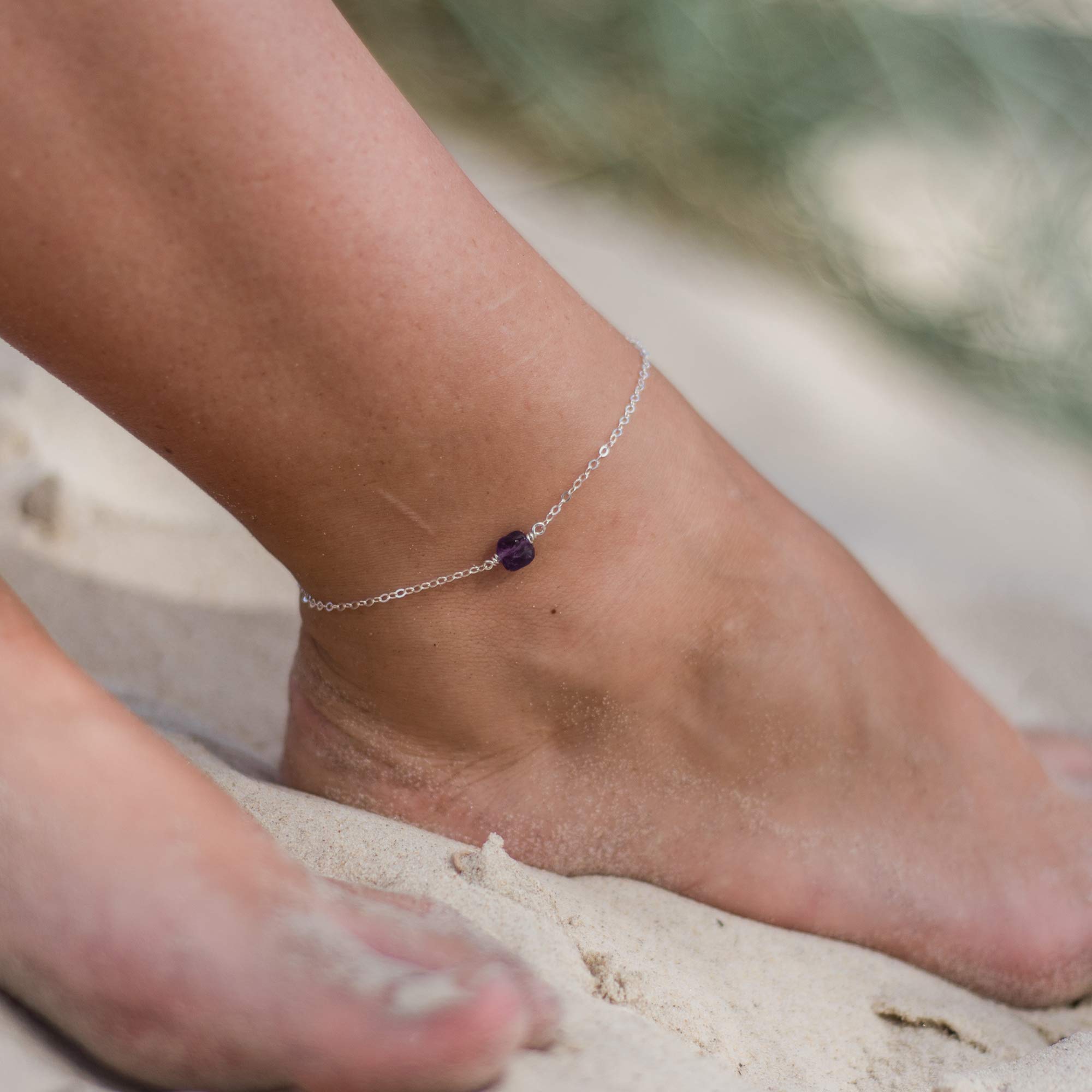 Luna Tide Amethyst Raw Nugget Sterling Silver Anklet - Natural Healing Crystal Jewelry for Women, Boho Chic Ankle Bracelet for Yoga, Meditation & Spiritual Wellness