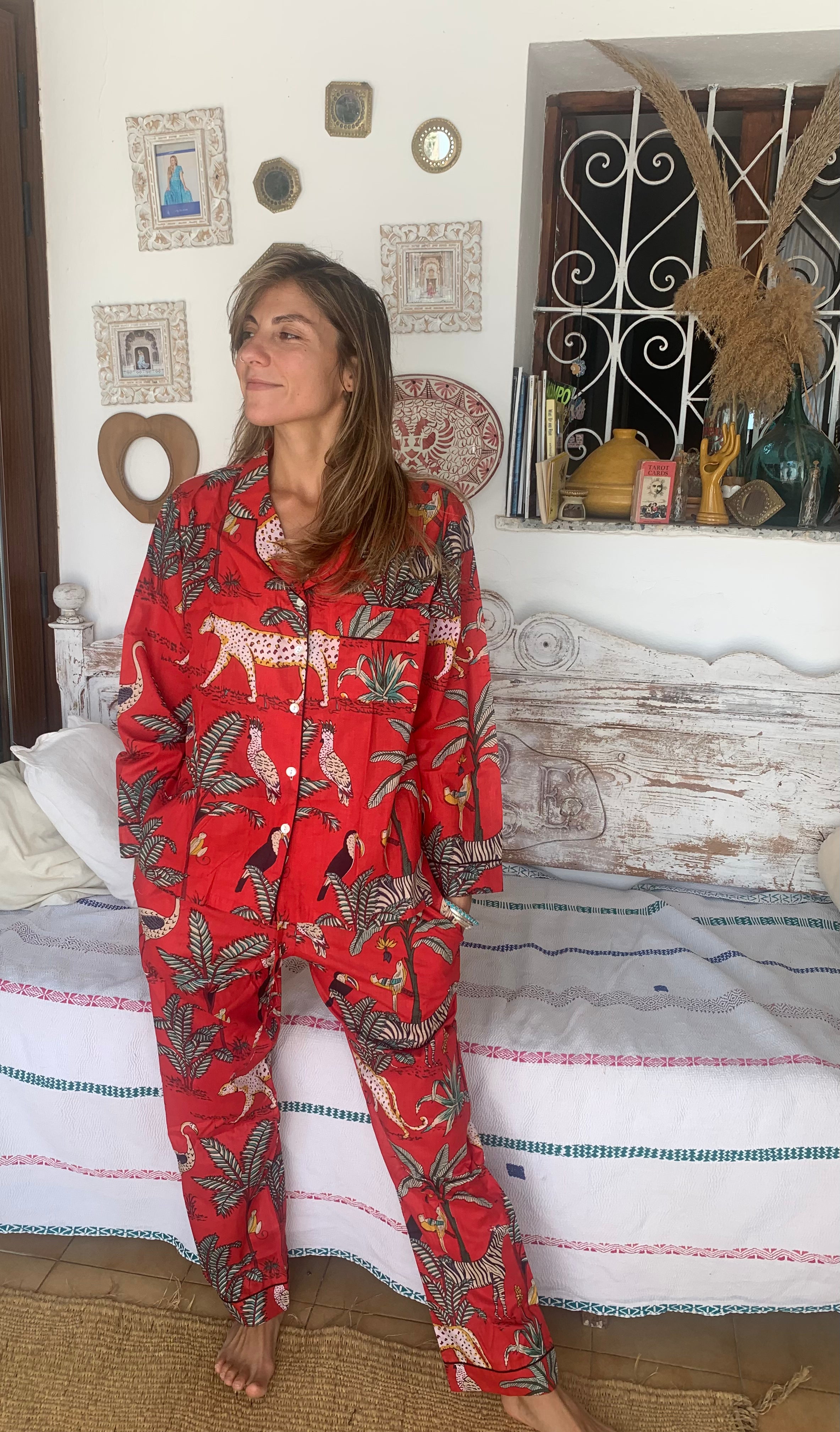 Red Tiger Print Cotton Pajama Set - Cozy Lounge Wear for Women & Men - Hand Block Printed Sleepwear for Comfortable Nights & Relaxing at Home