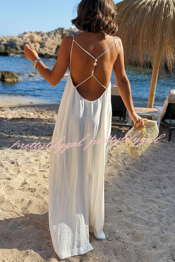 Sunny Beach Straps Beaded Backless Slit Maxi Dress - Boho Chic Summer Dress for Vacations, Weddings & Beach Parties