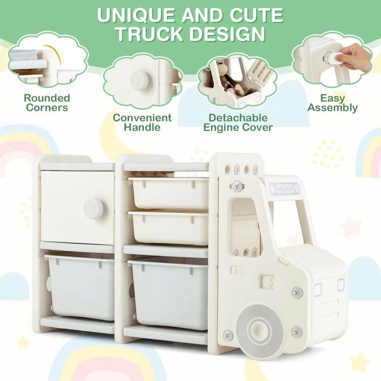 Beige Toddler Truck Toy Storage Organizer with Plastic Bins - Kids Room Organization & Playroom Storage Solution