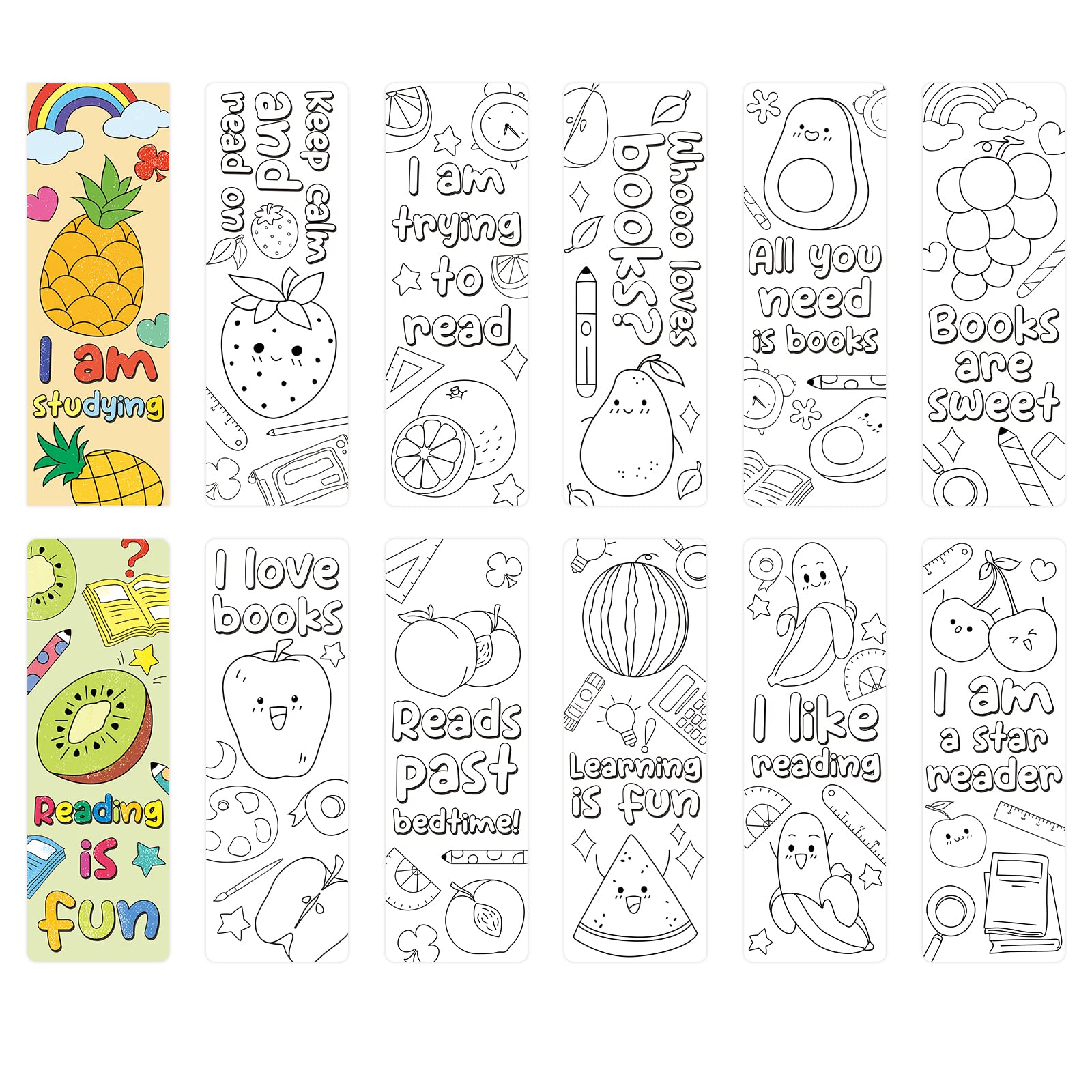 Anseal 120 PCS DIY Coloring Bookmarks Bulk Set - 12 Cute Fruit Designs for Kids, Teens & Reading Lovers - Fun Classroom Rewards & Student Gifts - Perfect for School Activities, Reading Programs & Book Club Favors