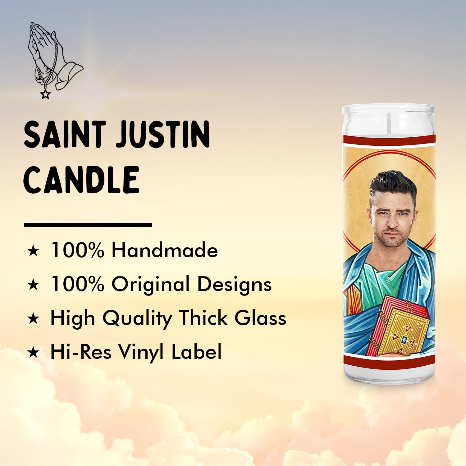8 Inch Handmade Glass Prayer Candle - Saint & Celebrity Votive Candle - USA Made Religious Gift for Home Altar, Meditation & Spiritual Decor