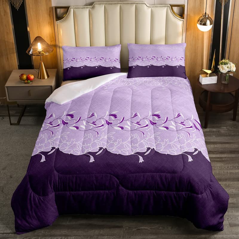 Ombre Purple & White Floral Queen Bedding Set - Vintage Garden Aesthetic Comforter with 2 Pillowcases, Chic Blossom Branch Design for Rustic Farmhouse Decor | Perfect for Master Bedroom, Guest Room & Countryside Retreats