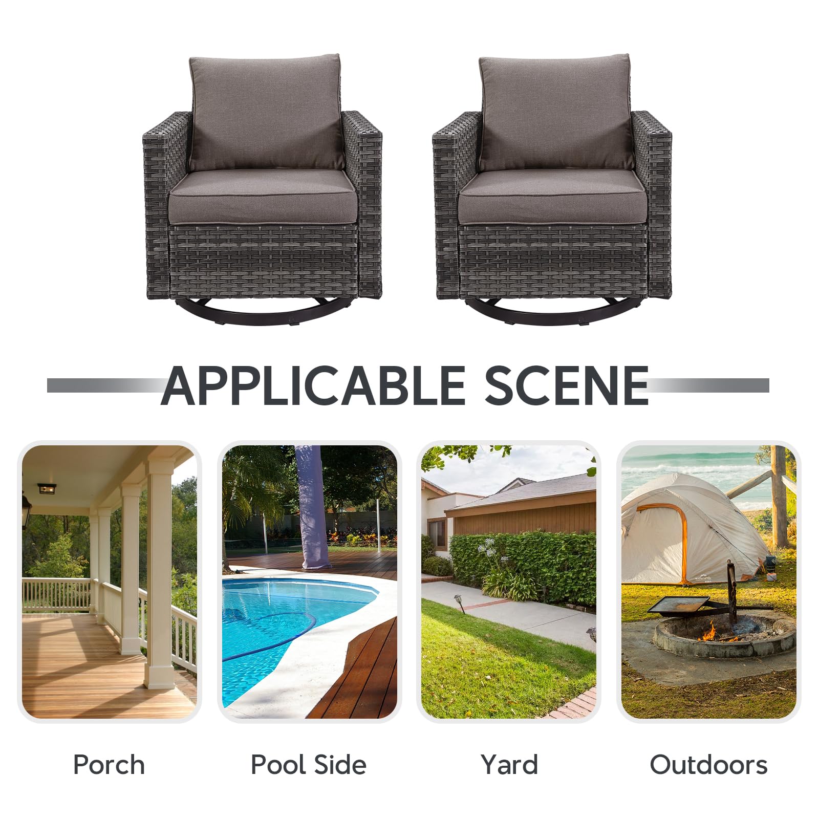 Heavy Duty Wicker Swivel Rocking Chairs Set of 2 - 350LBS Max Load Outdoor Patio Furniture for Porch, Balcony, Deck & Poolside - Grey/Grey - Perfect for Relaxing, Entertaining & Outdoor Lounging