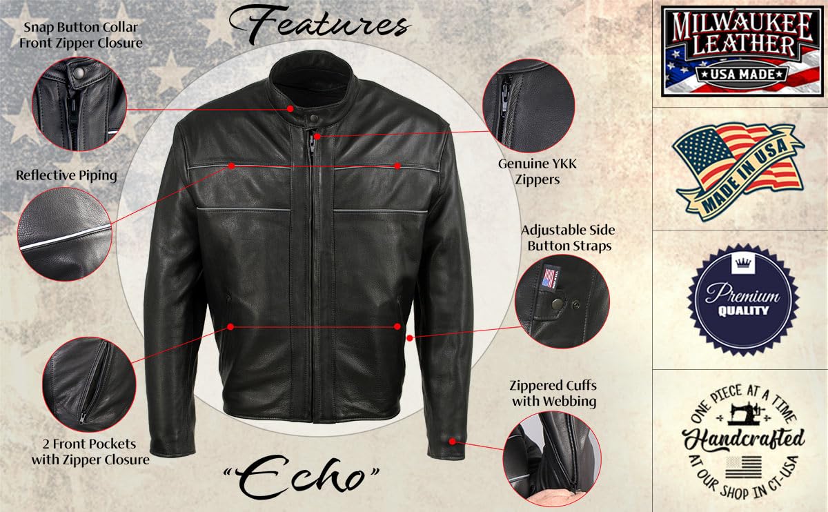 Milwaukee MLJKM5003 Men's Black Premium Leather Motorcycle Jacket - USA Made, Reflective Piping for Safety | Perfect for Cruiser Riders & Long-Distance Touring