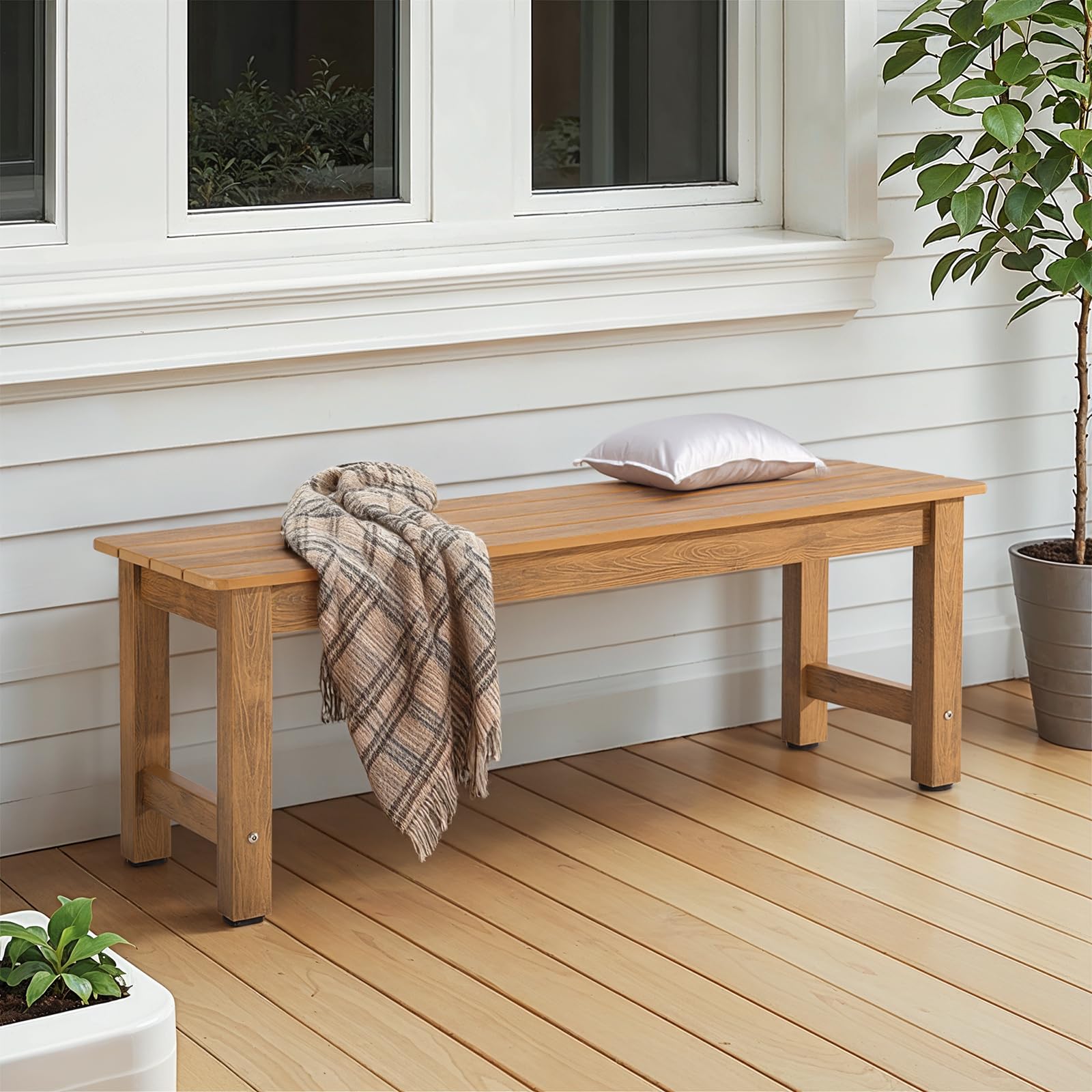 All-Weather 2-Person Outdoor Bench - Teak Poly Lumber Garden Patio Bench - Fade & Rot Resistant - Perfect for Backyard, Porch, Park & Garden - Easy Assembly & Durable for Year-Round Use