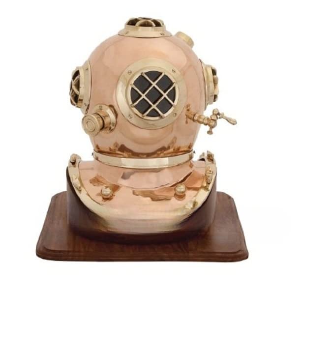 18 Inch Vintage Dive Helmet Replica with Wooden Display Stand - Perfect for Nautical Decor, Diving Enthusiast Gifts & Man Cave Collectibles