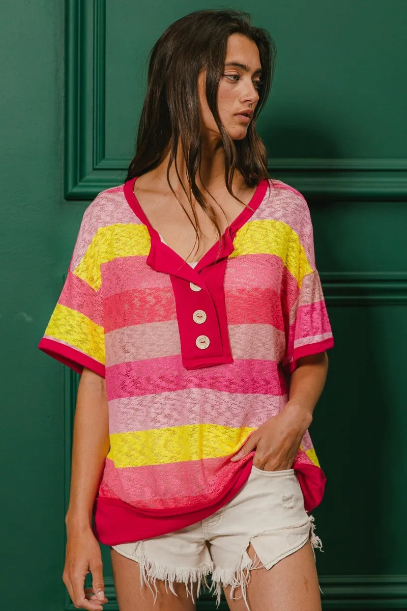 BiBi Women's Multi-Color Striped Hacci Knit Button Detail Ringer T-Shirt | Casual Summer Top for Outfits, Beach & Date Nights