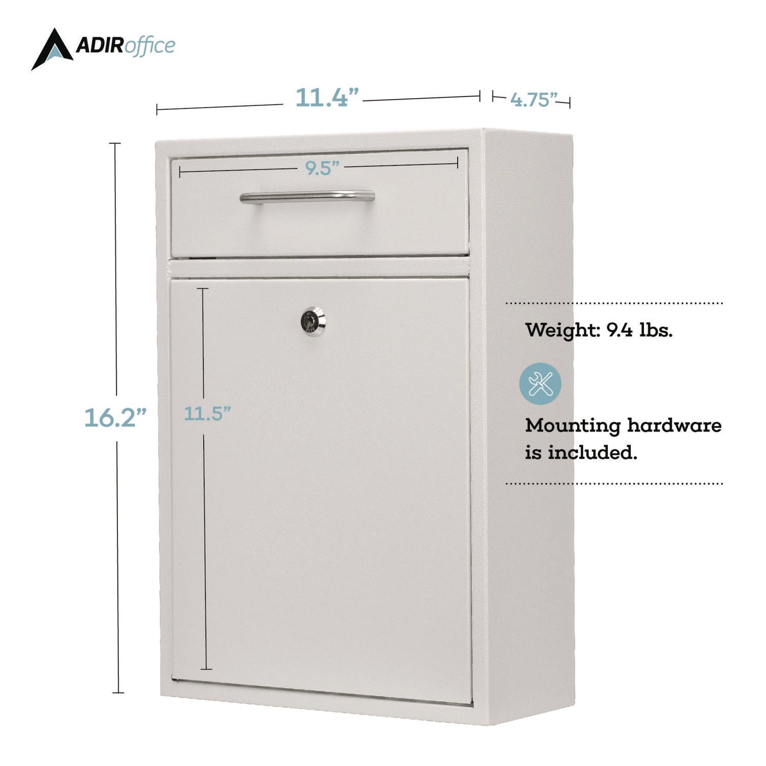 AdirOffice Large Wall Mounted Secure Drop Box - 11.2 x 4.7 x 16.2 Inches - White Mailbox for Home, Office & Business - Perfect for Secure Package & Document Delivery