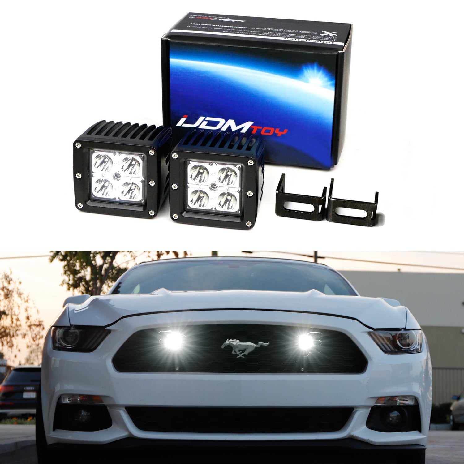 20W CREE LED Pod Light Kit with Behind Grill Mount & Wiring Harness - Compatible with 2015-2017 Ford Mustang - Off-Road, Fog, Auxiliary Lighting for Trucks, Jeeps, SUVs
