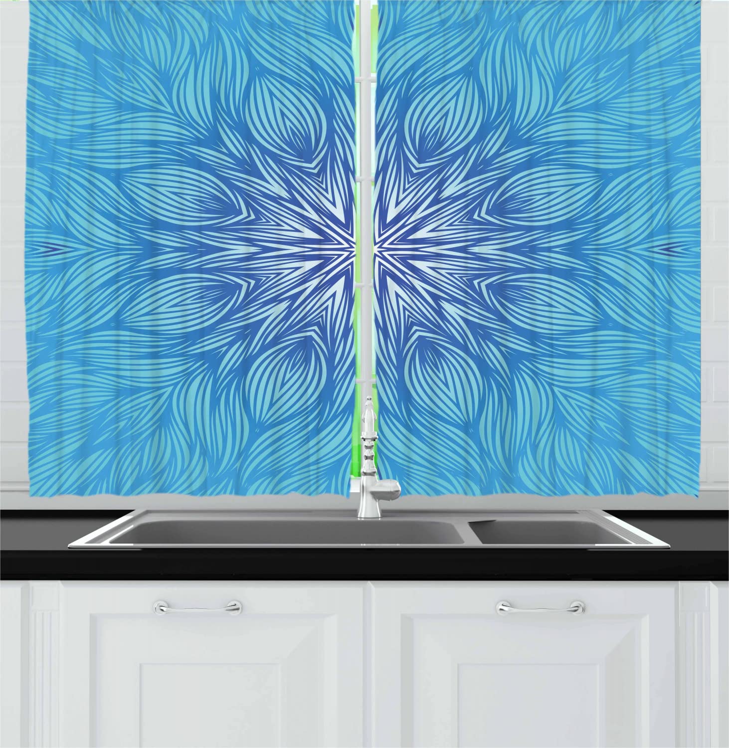 Ambesonne Blue Mandala Kitchen Curtains - Psychedelic Abstract Pattern with Curly Lines & Waves, 2 Panels Rod Pocket Drapes, 55