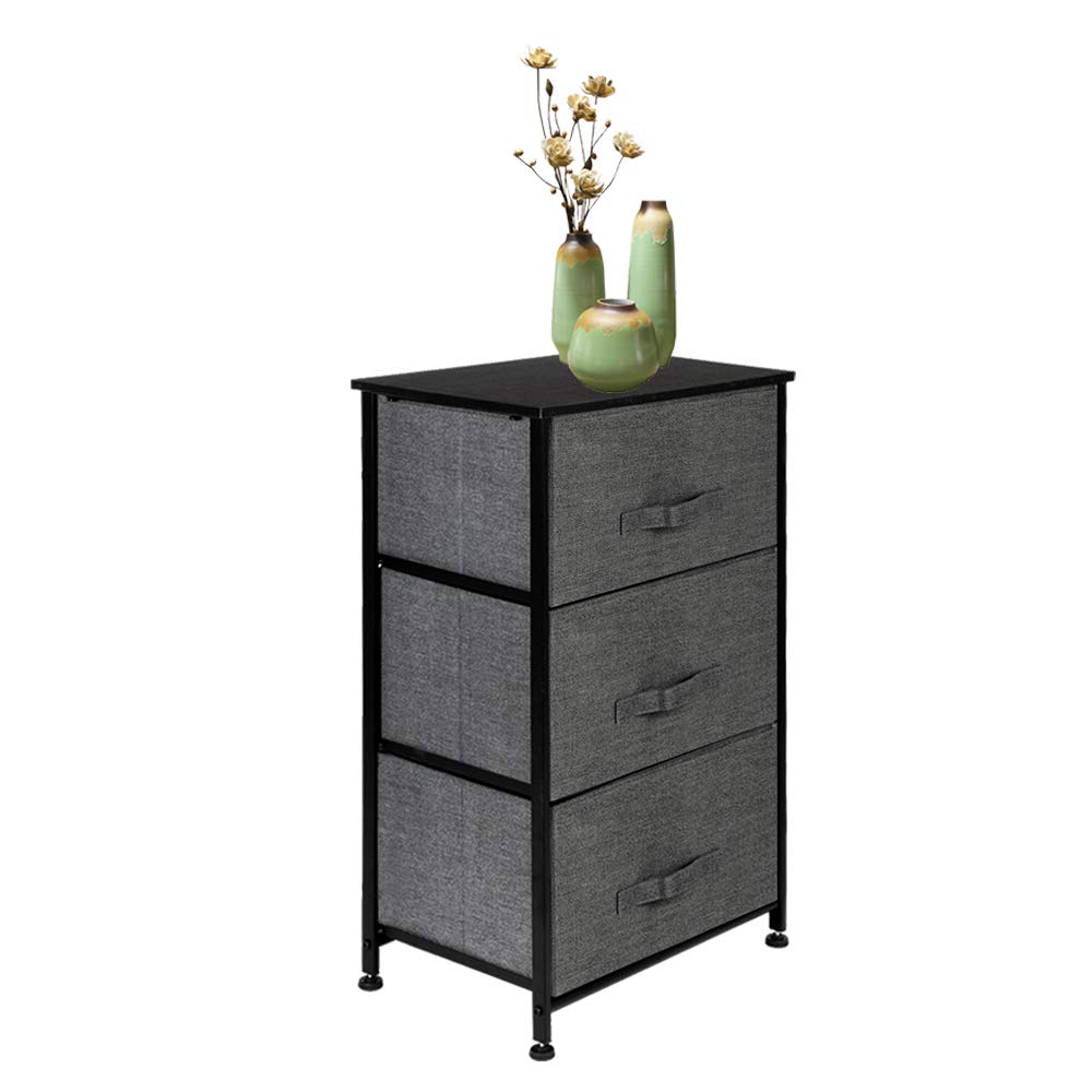 Modern Nightstand with 3 Fabric Drawers - Wood Top Bedside Table with Storage Bins, Lightweight Accent Furniture for Bedroom, Nursery, Hallway & Entryway - Space-Saving Organization Solution (Grey) - Perfect for Small Spaces, Apartment Living & Closet Storage