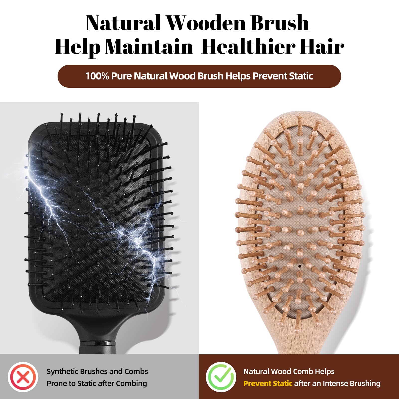 Wooden Hair Brush & Comb Set - Reduce Frizz, Static & Scalp Massage for Women & Kids - Home & Travel Use