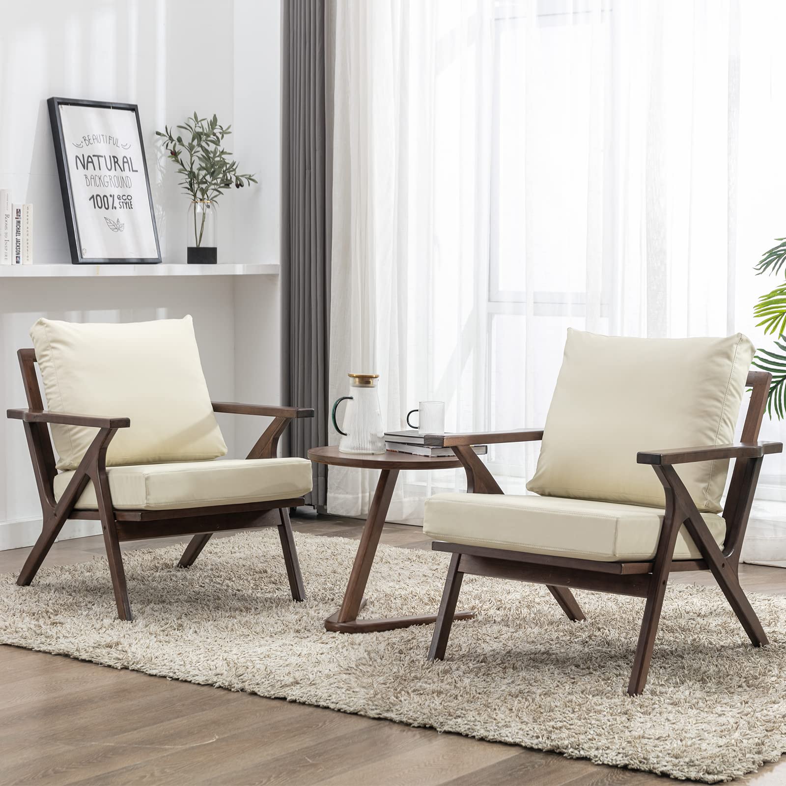 Okeysen Mid Century Modern Accent Chairs Set of 2 - Leather Upholstered Armchairs with Wood Frame & Removable Cushions - Comfortable Lounge Chairs for Living Room, Bedroom, Office - Perfect for Reading Nooks, Conversation Areas and Cozy Spaces