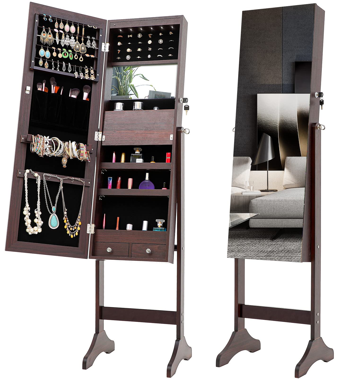 LED Jewelry Cabinet with Full-Length Mirror - Lockable Makeup Armoire with Large Storage, Brush Holder & Dressing Mirror - Perfect for Bedroom, Closet & Vanity Organization (Brown)