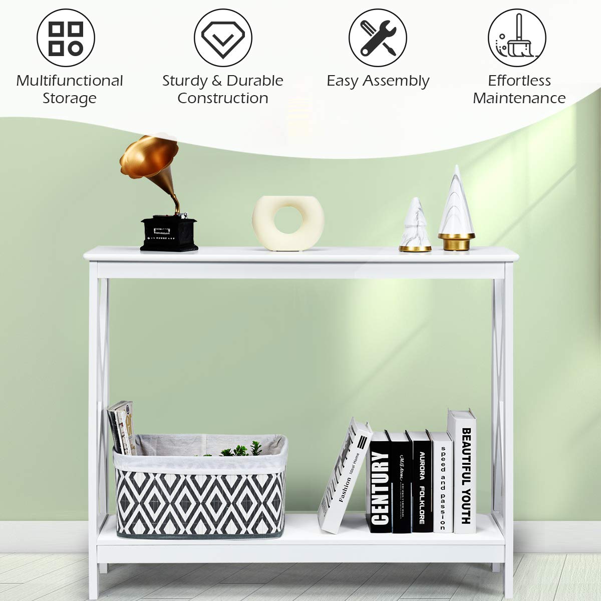 Giantex White 2-Tier Console Table with Storage Shelf, X-Design Narrow Accent Table for Entryway, Hallway, Living Room | Sofa Side Table, Bookshelf | Perfect for Small Spaces & Home Decor