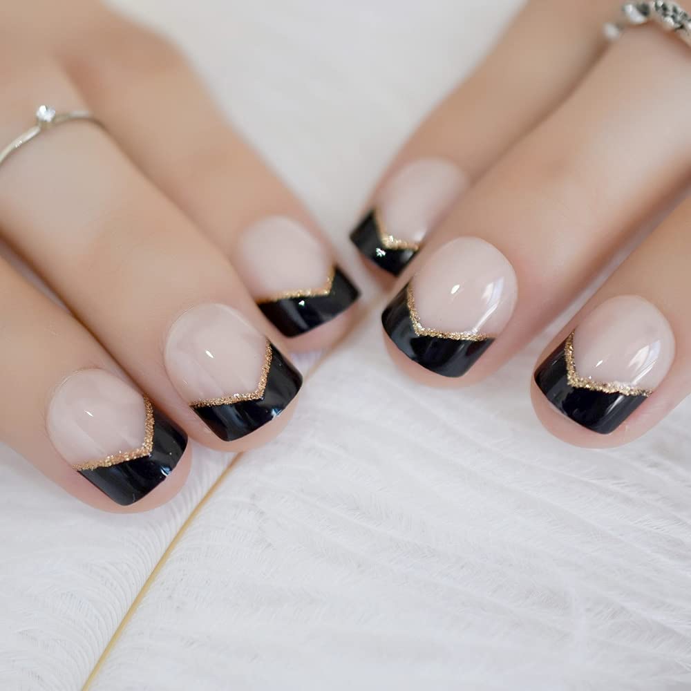 Shimmer Golden Glitter Black French Press On Nails - 24pcs Short Squoval Fake Nails with UV Gel Finish & Jelly Glue Pad - Reusable False Nails Kit in 10 Sizes for Parties, Weddings, and Daily Wear