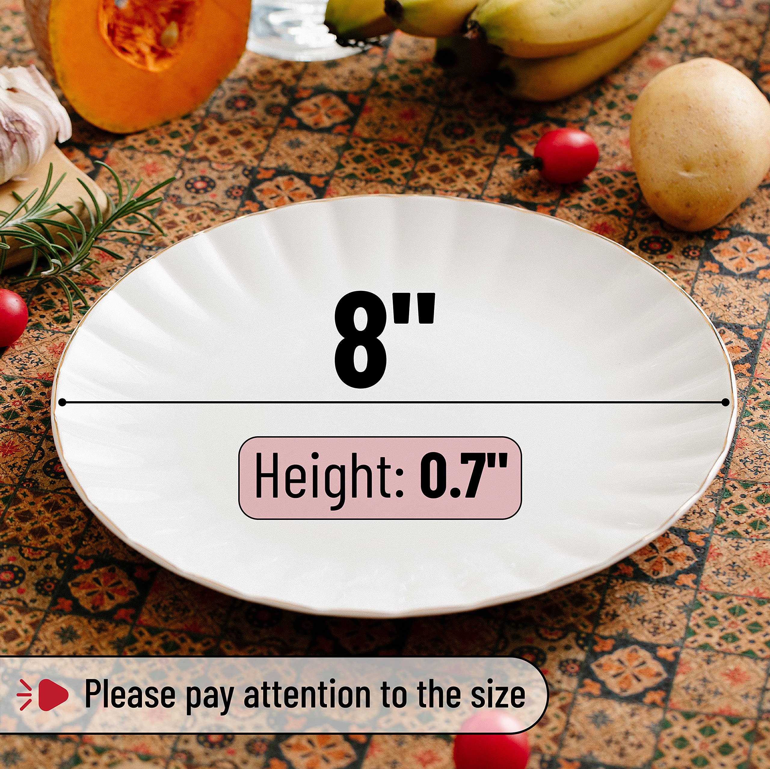 BTaT 8 Inch White Porcelain Dessert Plates Set of 6 - Elegant Gold Trim Appetizer Plates for Cake, Pastry, Snacks - Perfect for Parties, Weddings, and Tea Time